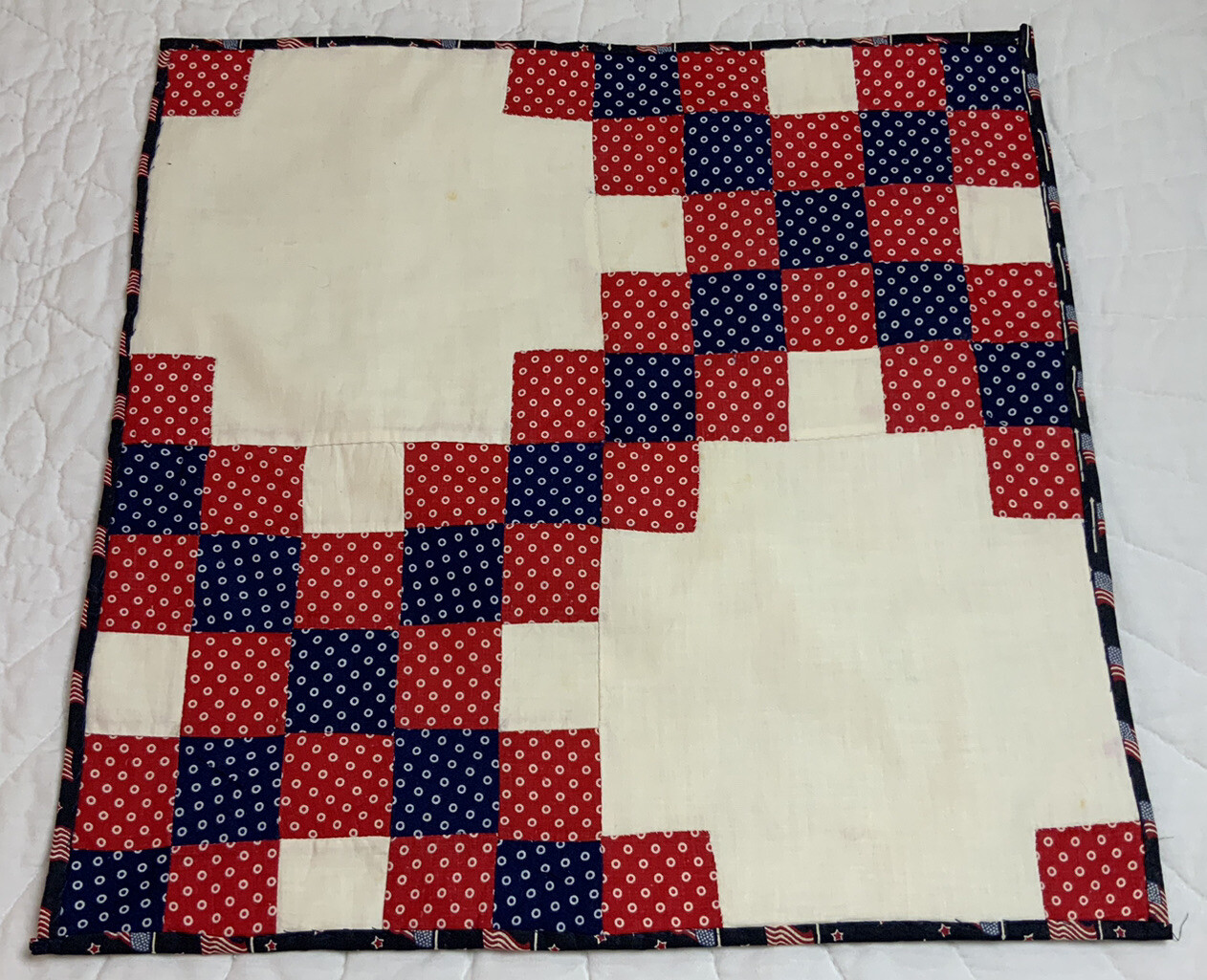 Vintage Patchwork Quilt Table Topper, Nine Patch, Polka Dots, Navy Blue & Red
