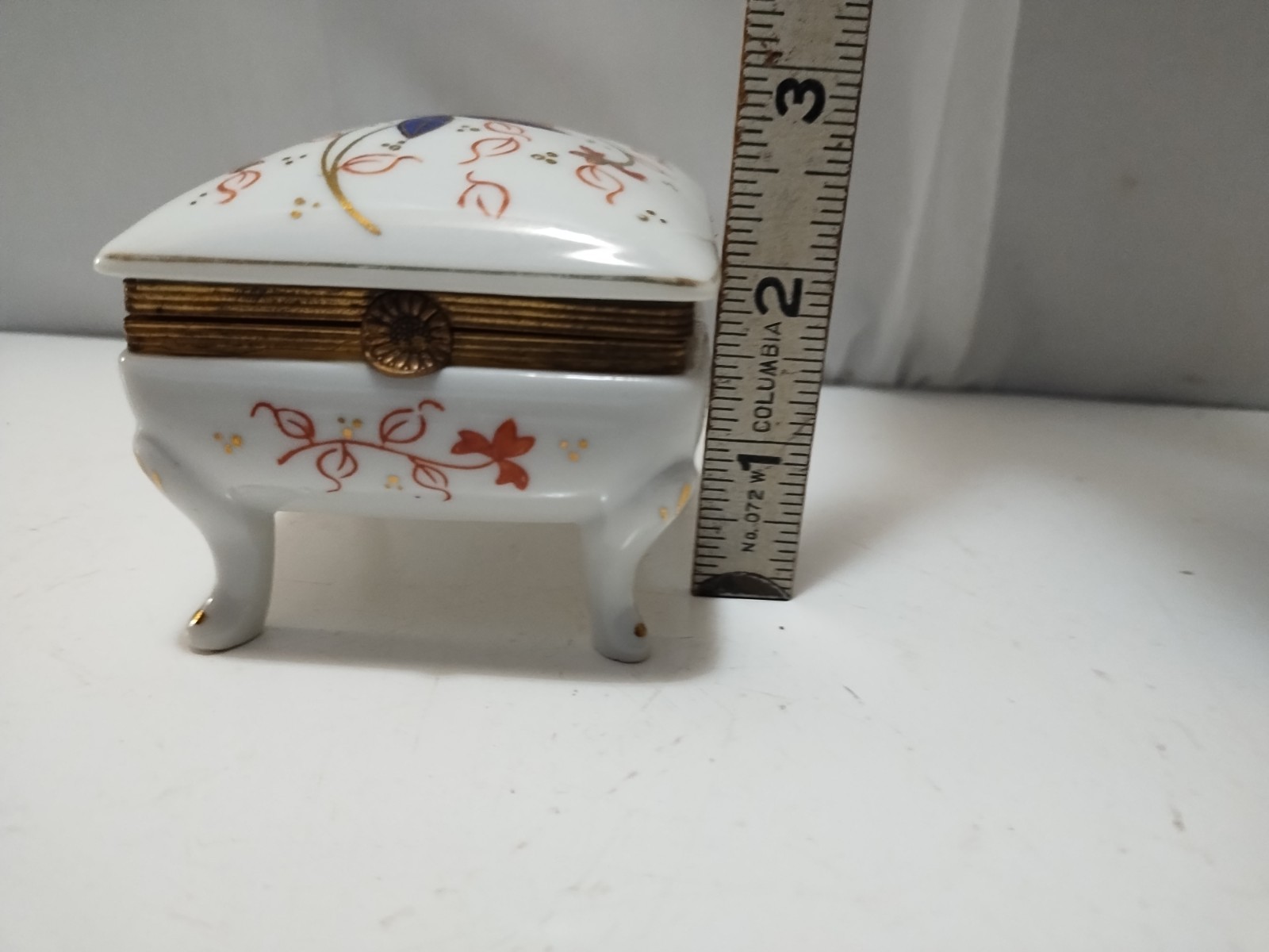 Four Legged Porcelain Hinged Square Trinket Box Floral Orange Whimsical Retro