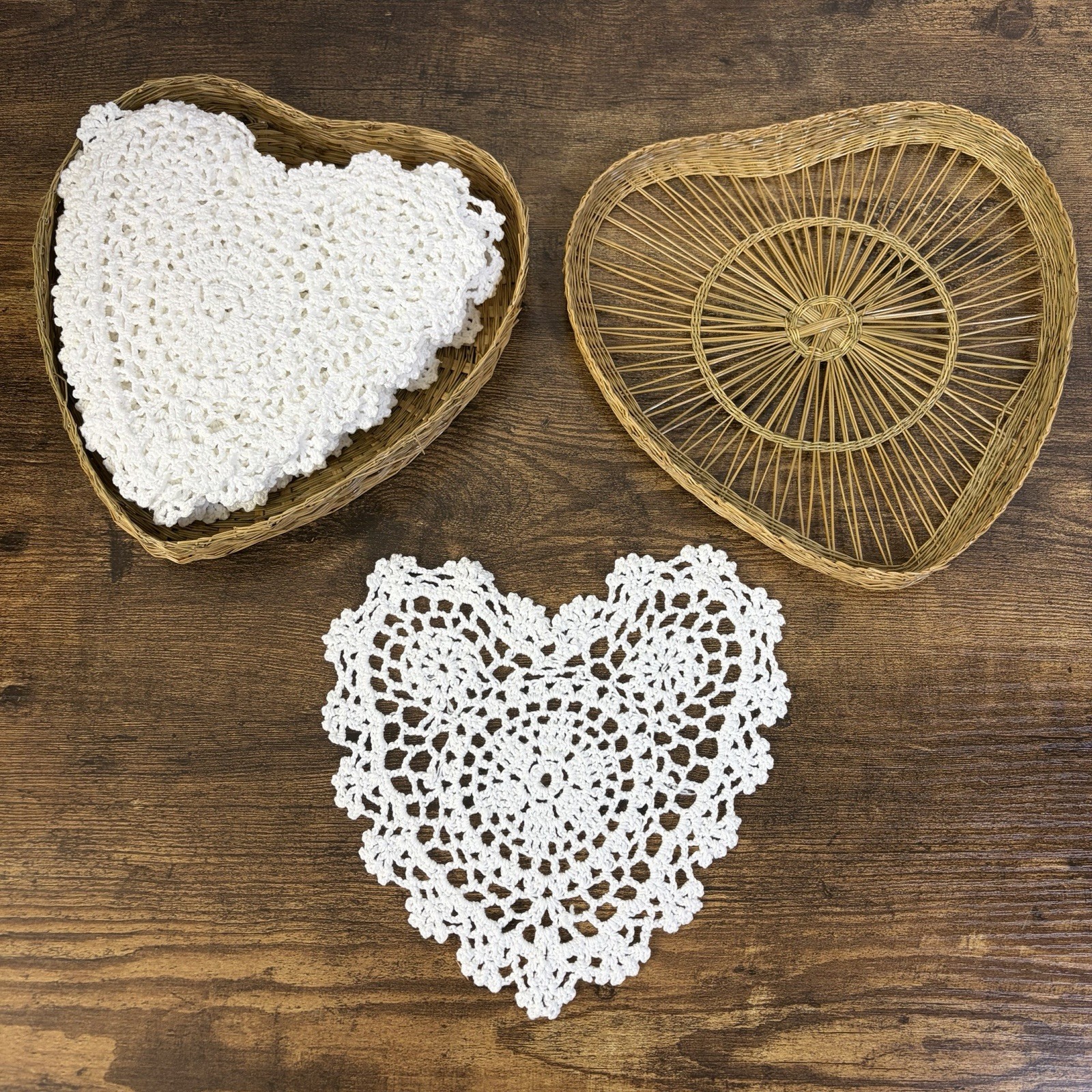 12 Doilies Set White Cotton Handmade Crochet Heart 7″ Cottage Farmhouse Decor