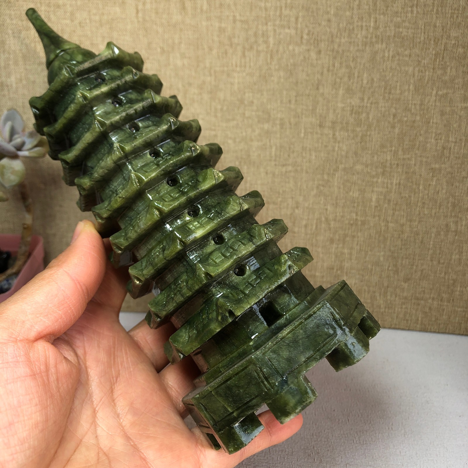 Rare Natural Afghanistan Jade Carving Wenchang Pagoda tower Statue 190mm 820g