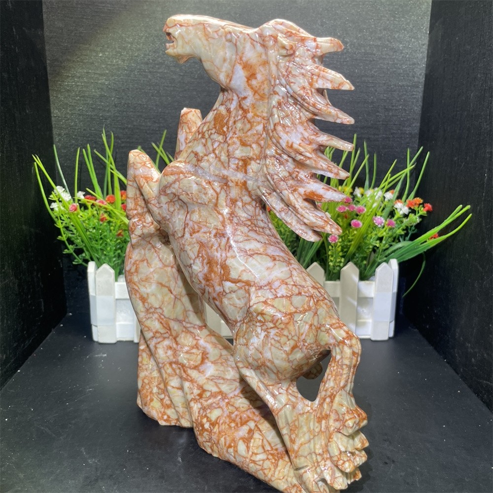 6.8LB 10.4″ Natural Red Net Stone Horse Crystal Quartz Statue Decor Energy