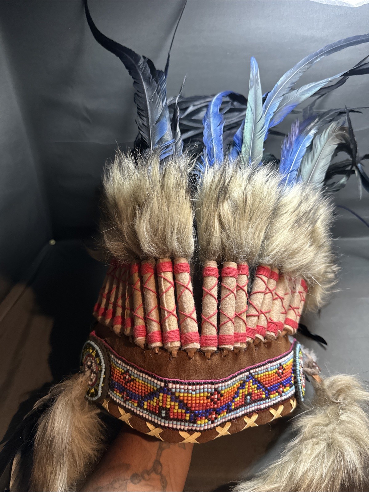 Native American War Indian Warrior Feathered Beaded Ceremonial Headdress