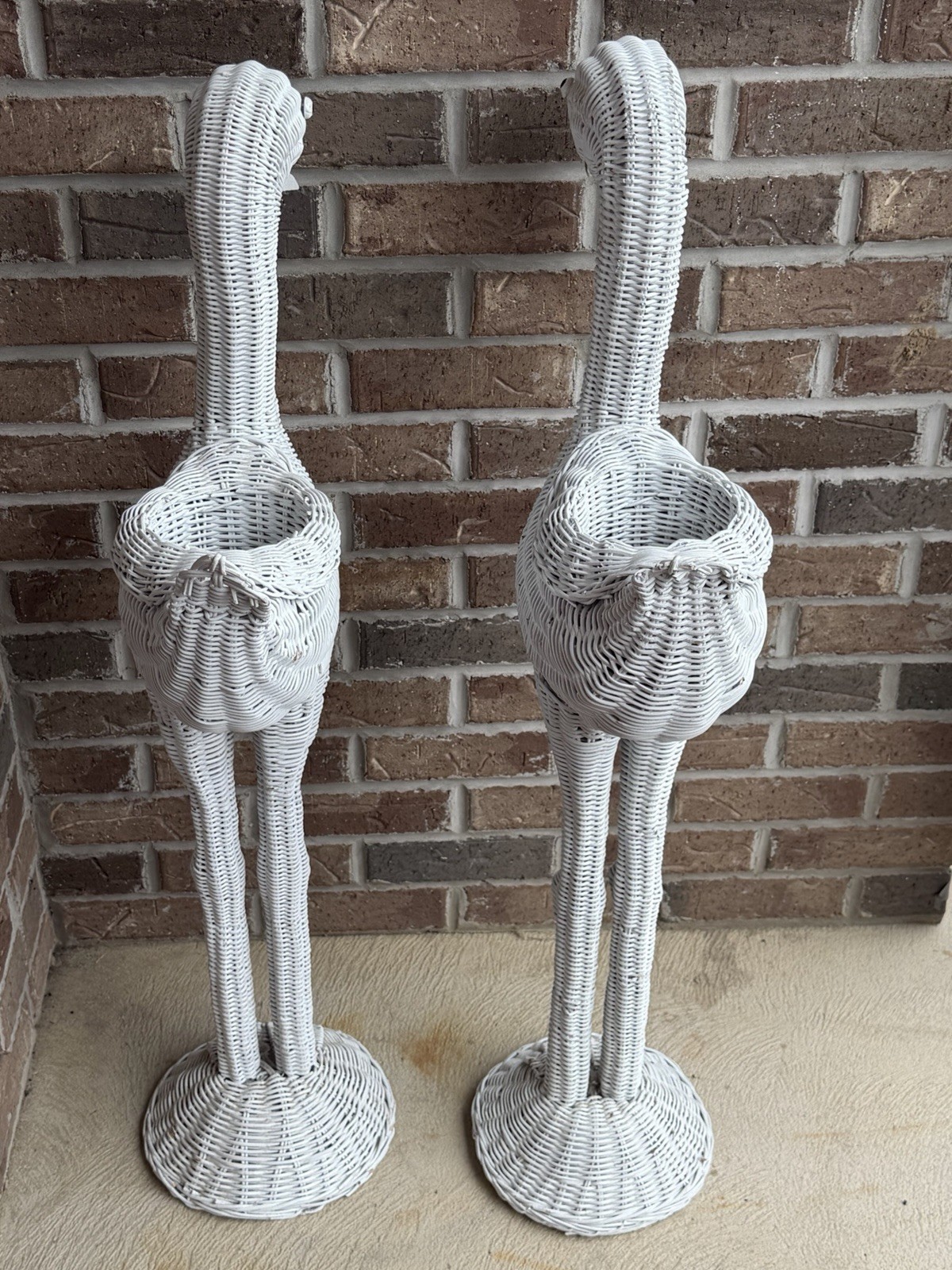Vtg White Wicker Flamingo Planters (2) 36” Tall Porch Patio Indoor Outdoor Decor