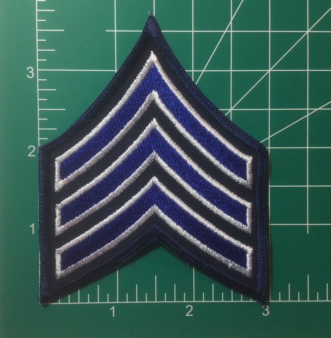 (2) Sergeant Chevron – 3″ Wide – 3 White/Royal Stripes on Dk Navy (Navy Border)
