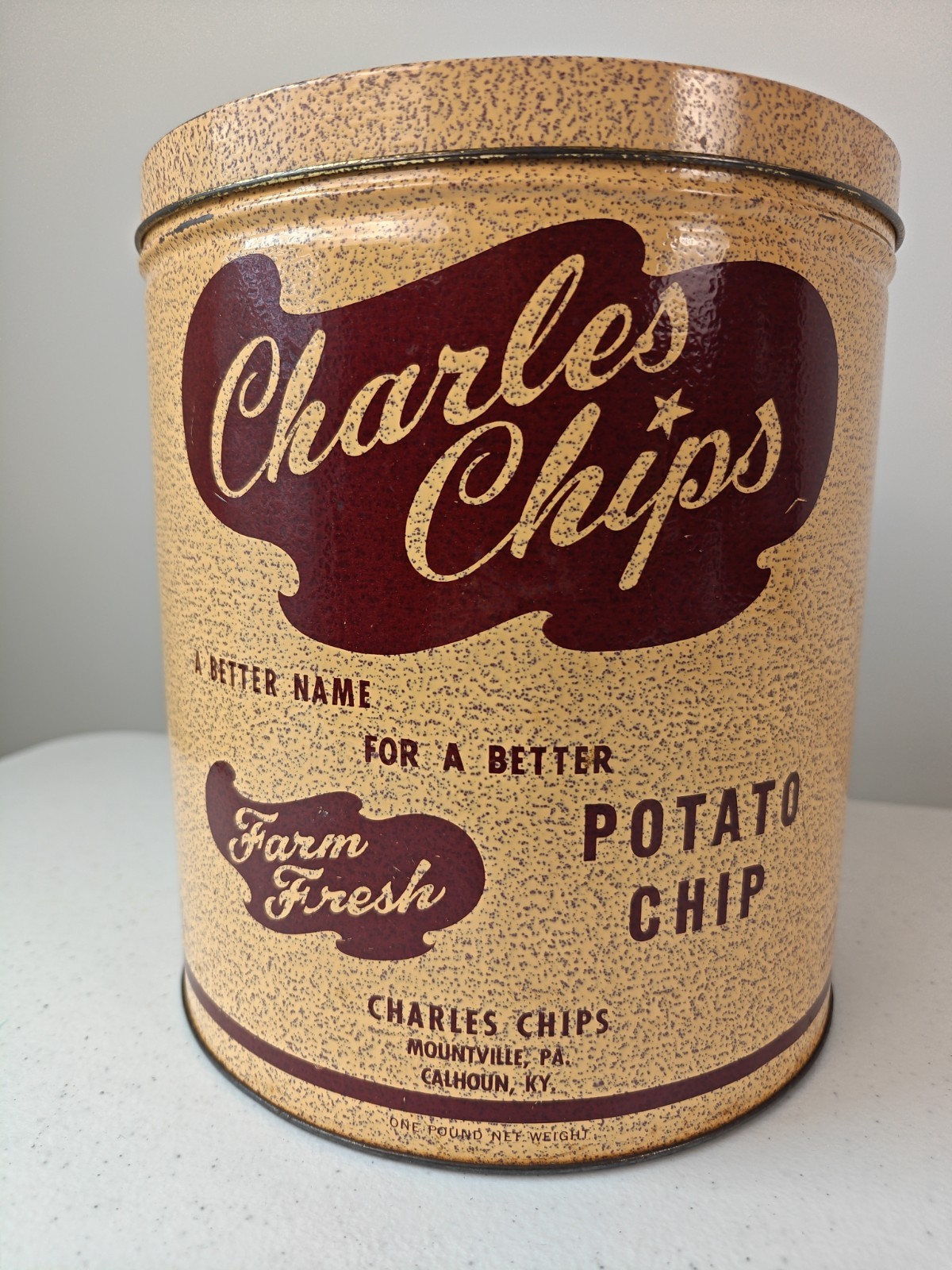 Vintage Charles Chips Potato Chip 1 LB Tin Can With Lid And Dual Location Text