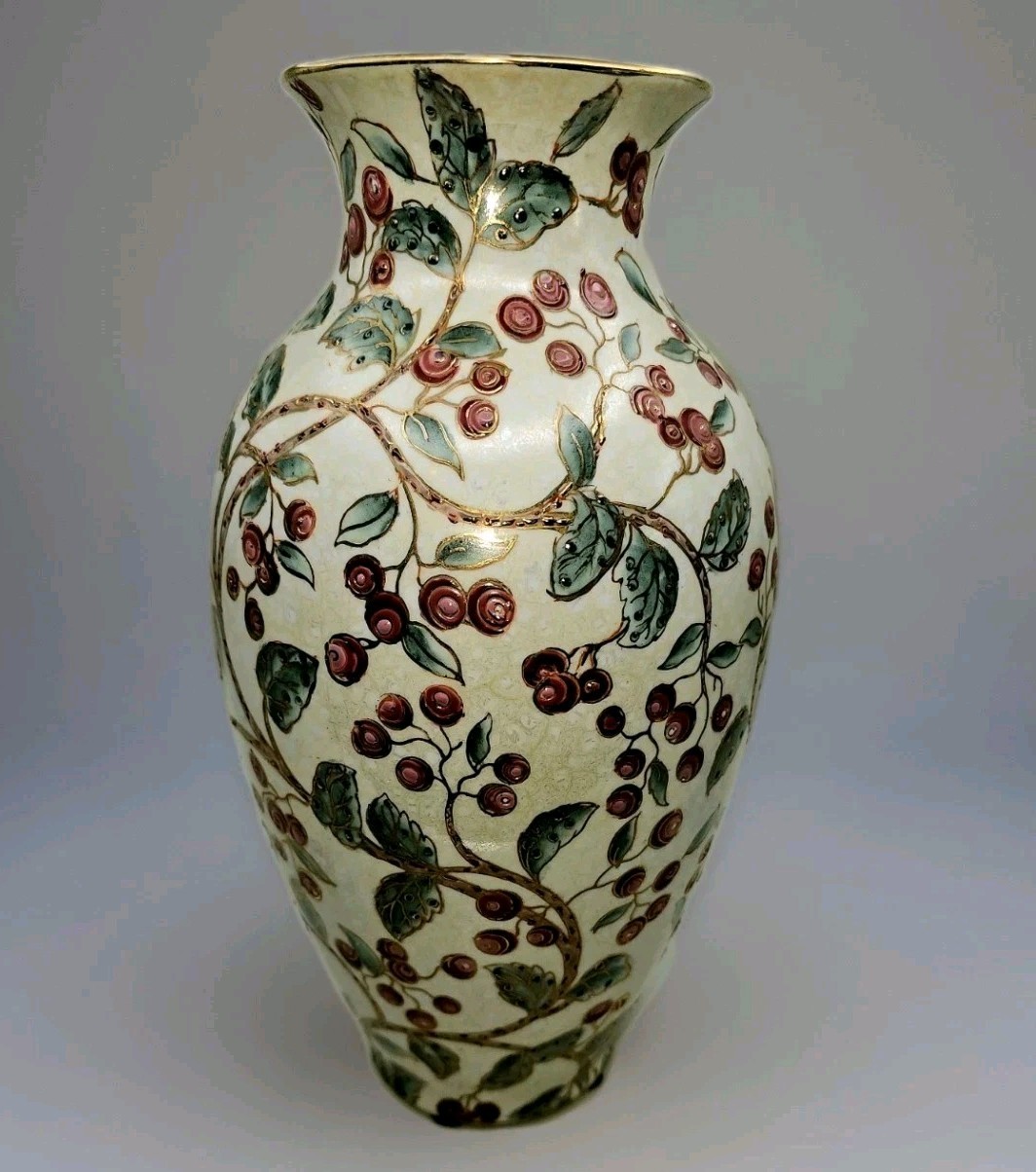Vintage Large Toyo Vase 11.5” Hand Painted Gilded Floral Chinoiserie Red & Gold