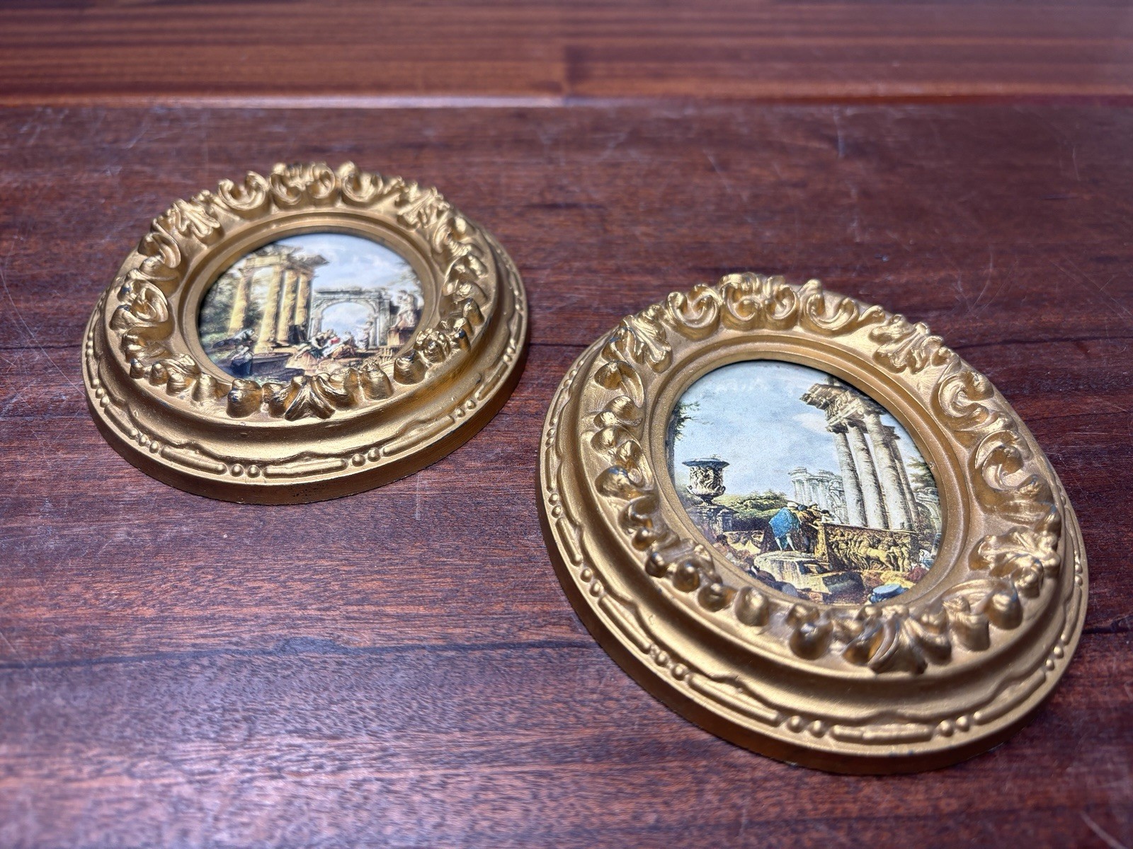 Gold Oval Gallery Wall Plaques Classical Ruins Prints Pair VTG Decor 5×4″