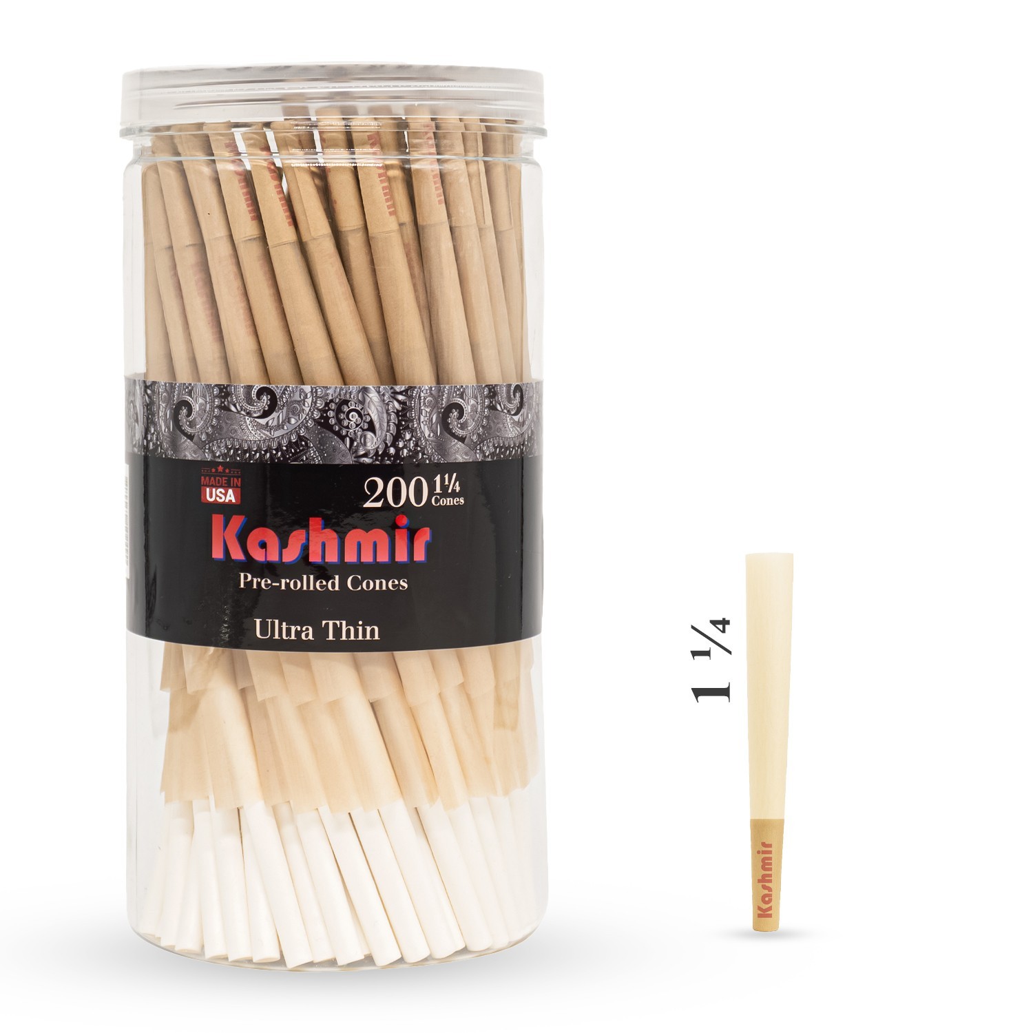 Ultra thin 1 1/4 Size Pre Rolled Cones 200 Ct Rolling Paper Cones W Tips-Kashmir