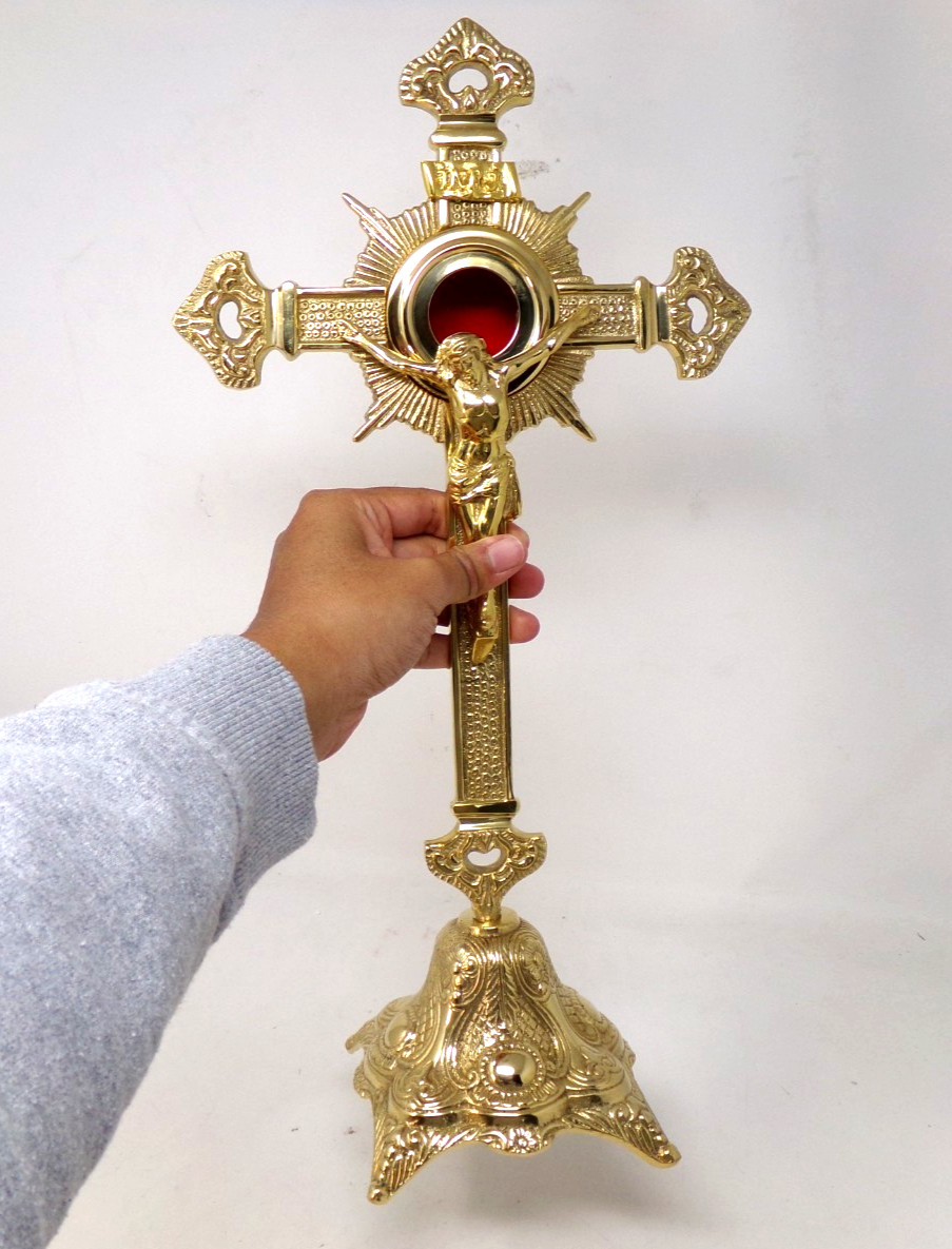 Ornate High Polished Brass Crossed Reliquary with Corpus and INRI 16 Inches Tall