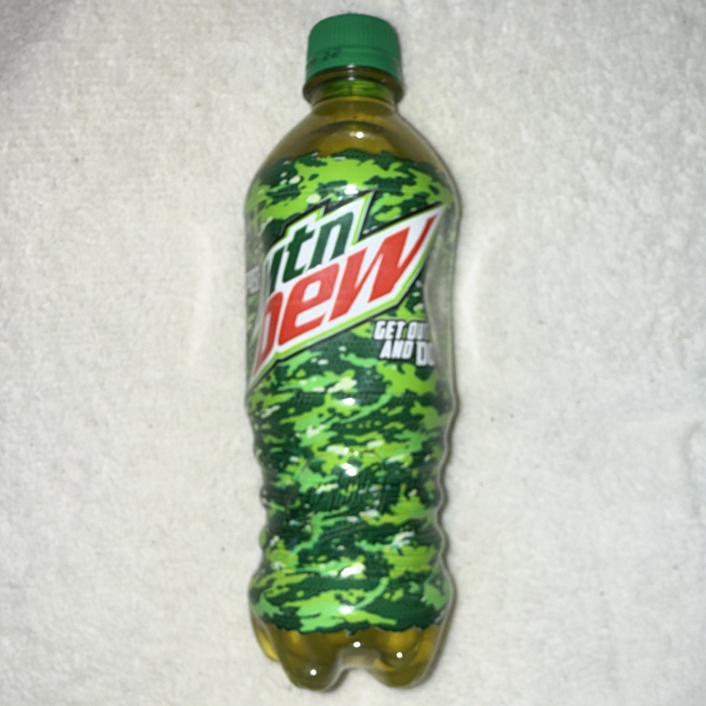 Mountain Dew Outpost 20 fl oz Bottle Green Camo Label w/ Green Cap
