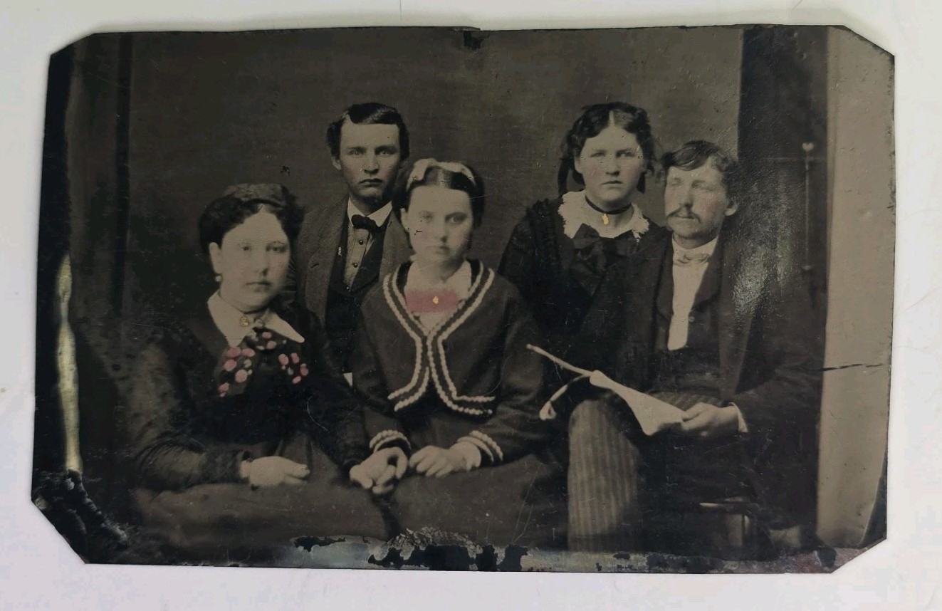 Antique Tintype Photo Young Women Men Children Group Family Hand Tinted Unique