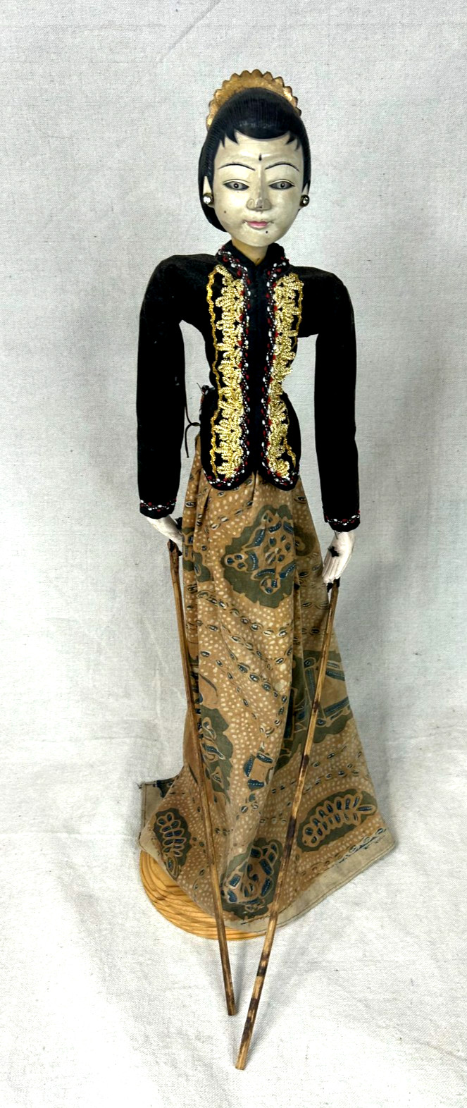 Traditional Javanese Wayang Golek Kulit Female Rod Puppet with Stand 22″