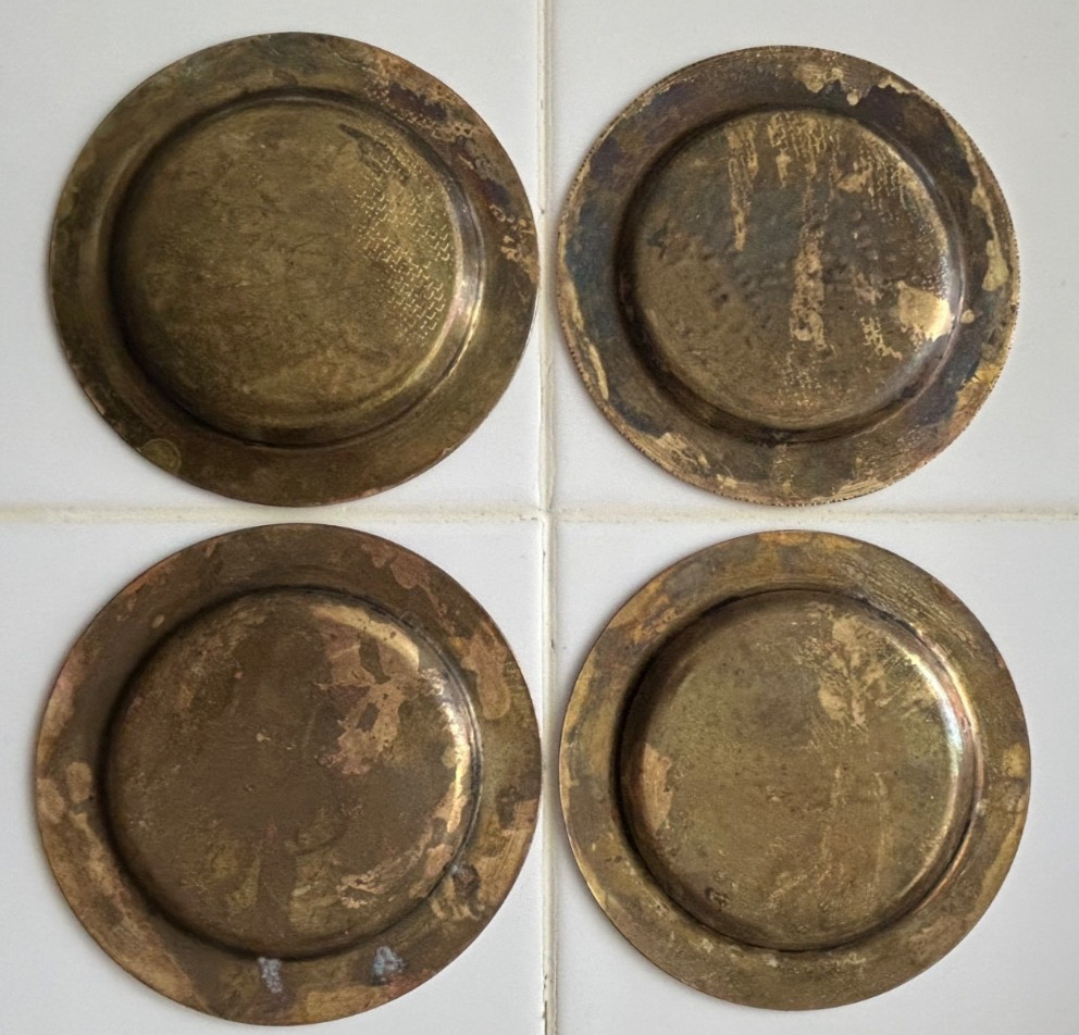 Solid Brass VTG Egyptian Pharaoh Engraved Plates Coasters 4” SET Of 4
