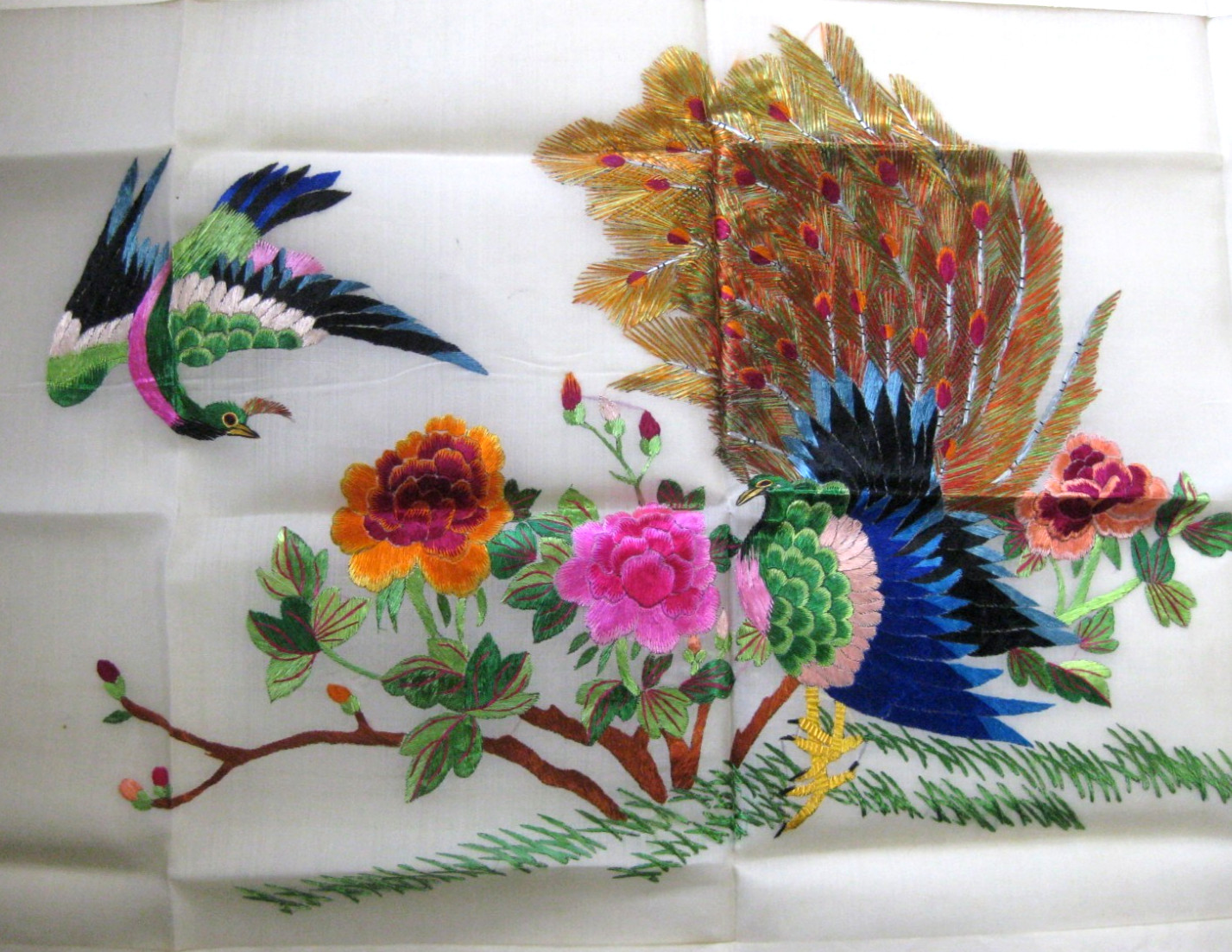 Vintage Silk Embroidery Peacock & Phoenix Chi Wen Silk Weaving Co. Hong Kong