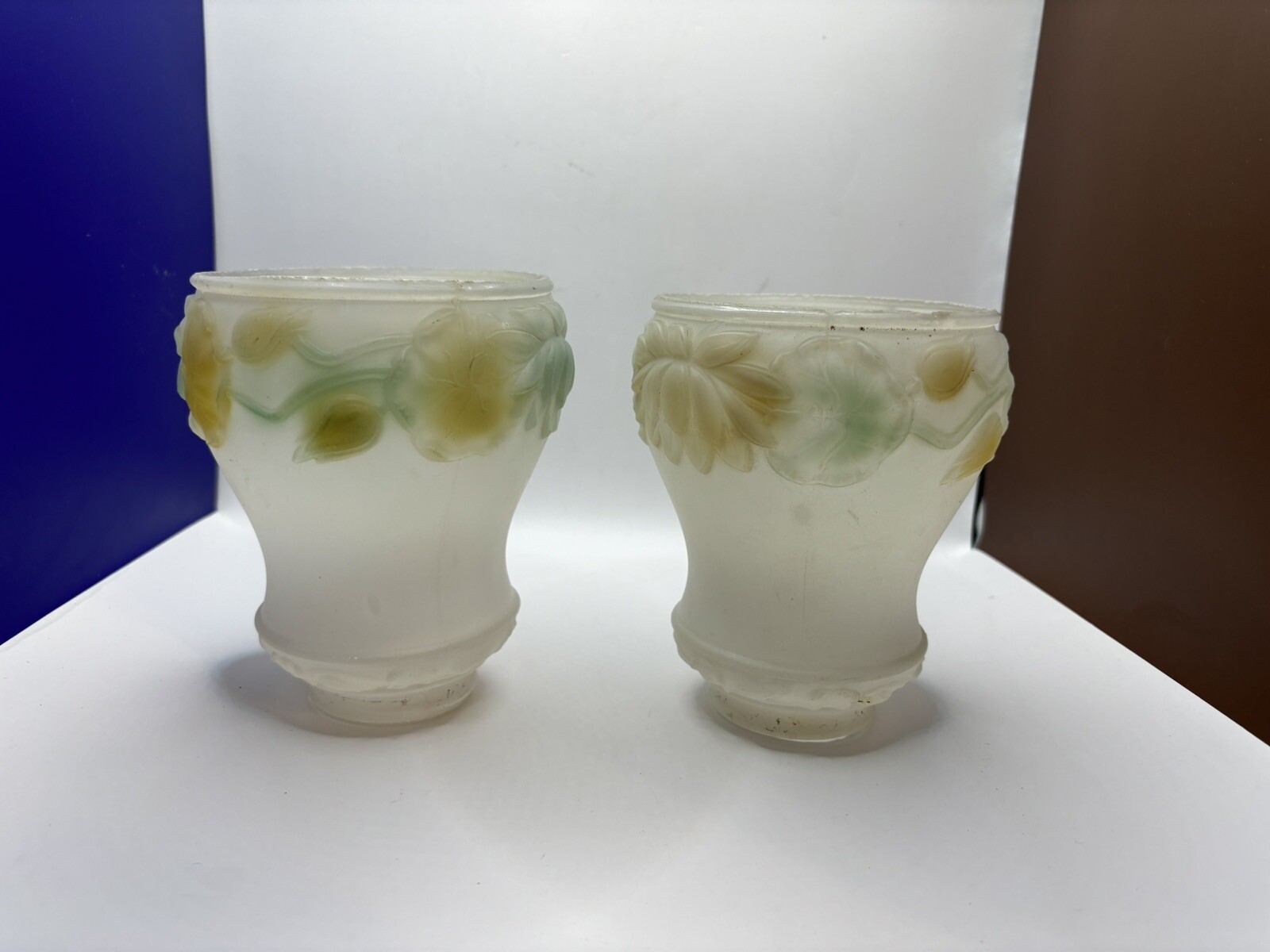 Antique Frosted Embossed Lamp Shade with Yellow Tulips 5 Inches Tall | Set Of 2