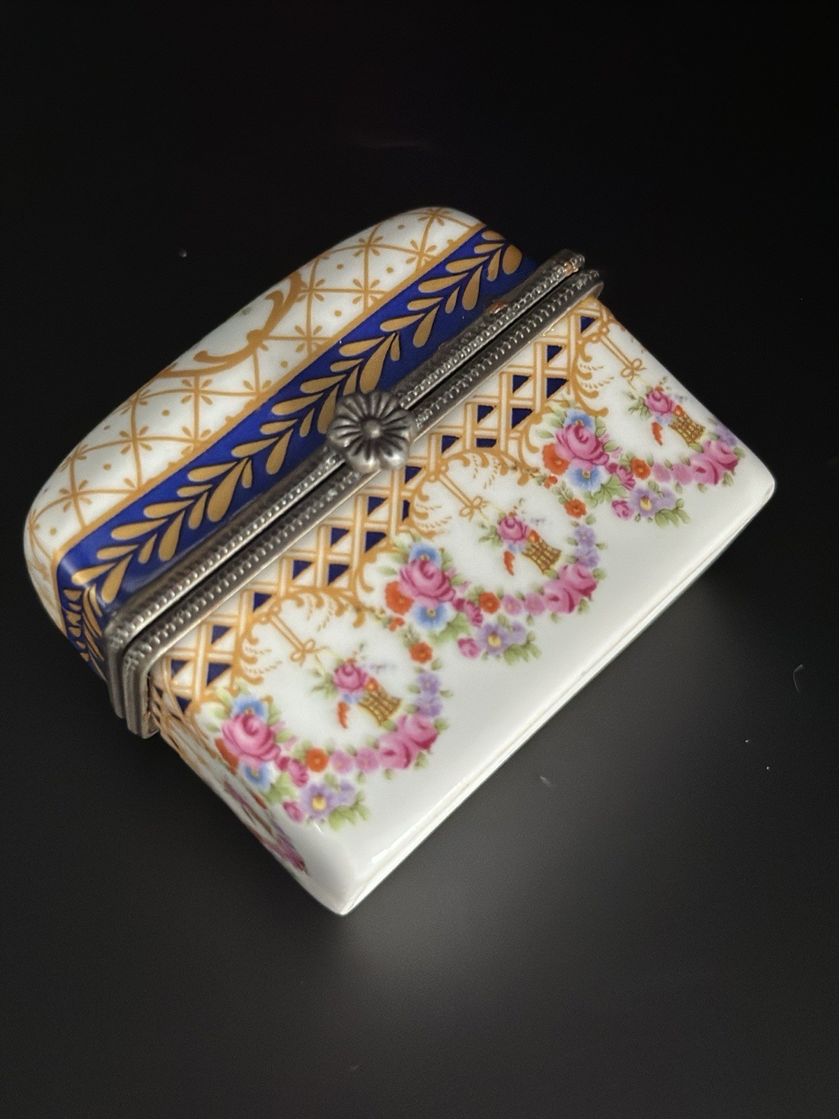 Porcelain Hinged Trinket Box with Rococo Floral Design France 1920’s