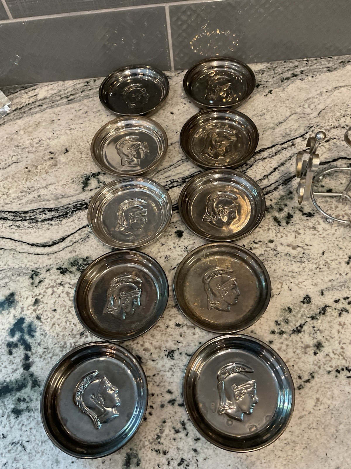 Vintage 1960s Mercury Glass Roman Centurion Coasters Set of 8 w Chrome Holder
