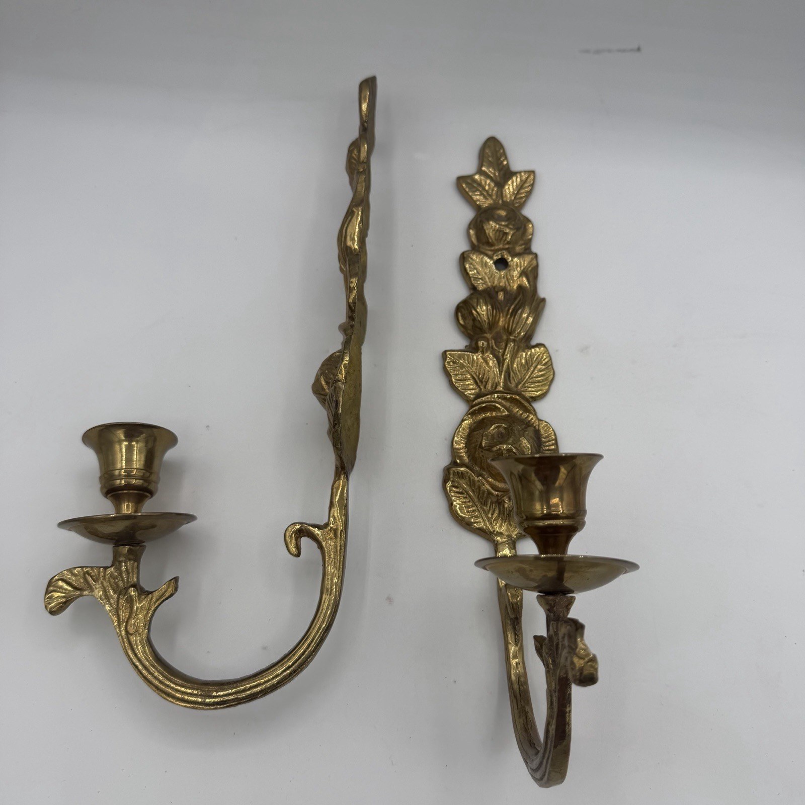 Vintage Pair Solid Brass Floral Wall Candle Sconces Gold Tone 11″ Candle Holders