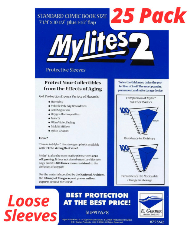 25 Mylites 2 Mil Mylar Comic Book Bags Standard Size 7 1/4″ x 10 1/2″ E. Gerber