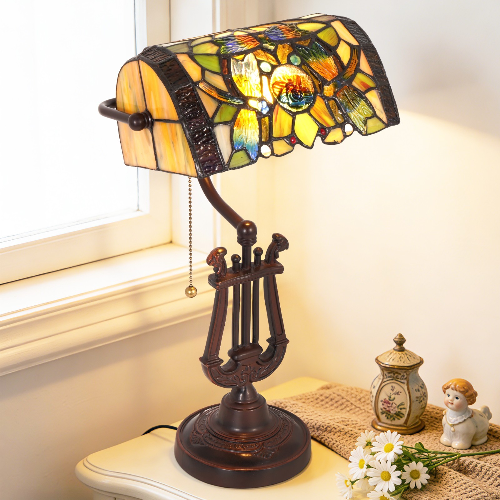 9”retro Office/bedside Glass Lamp,Single Headed Dragonfly Shaped Bank Desk Lamp