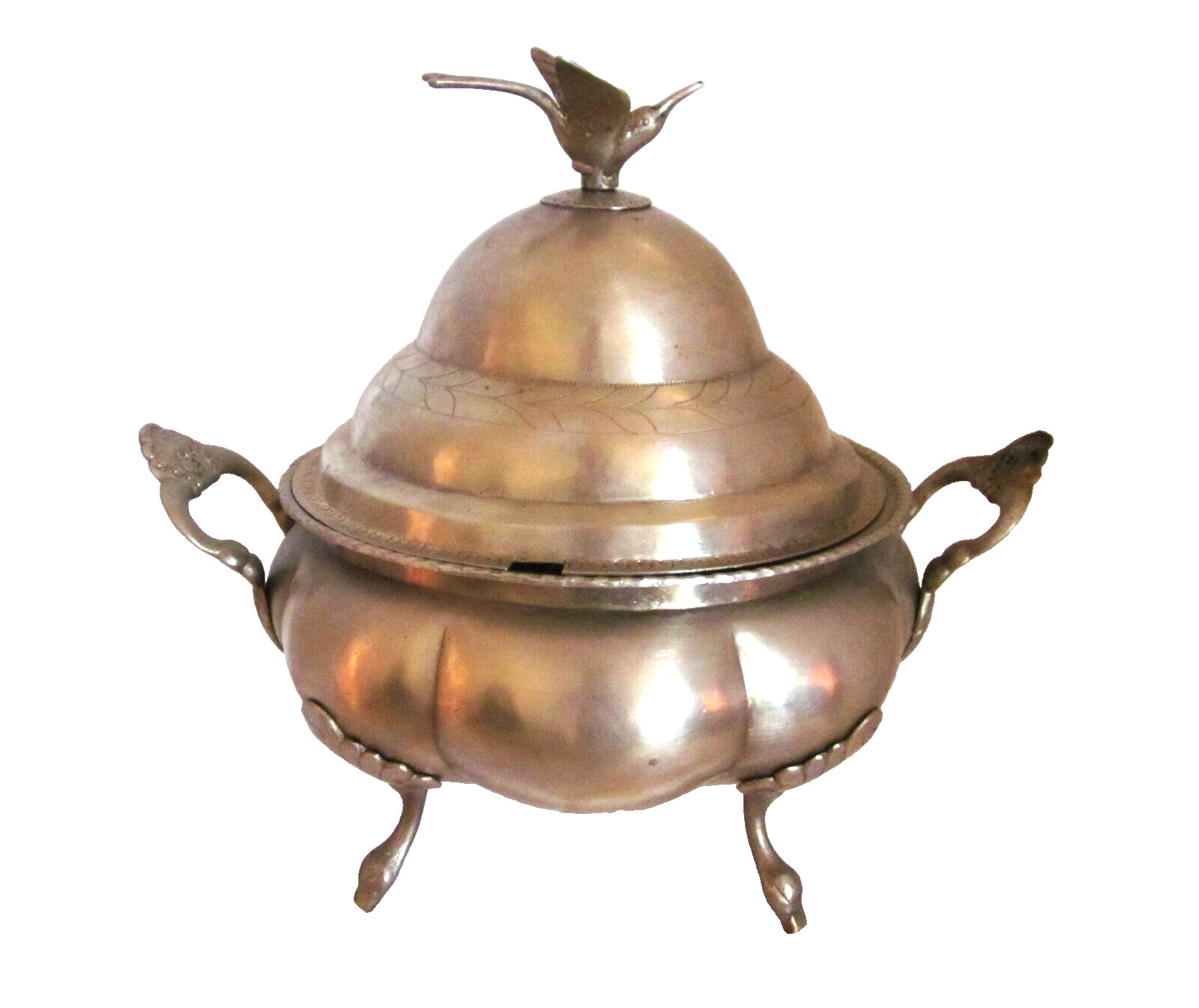 Solid Brass Covered Footed Dish Decorative Crafts Inc. Ladle Cutout Lid Bird