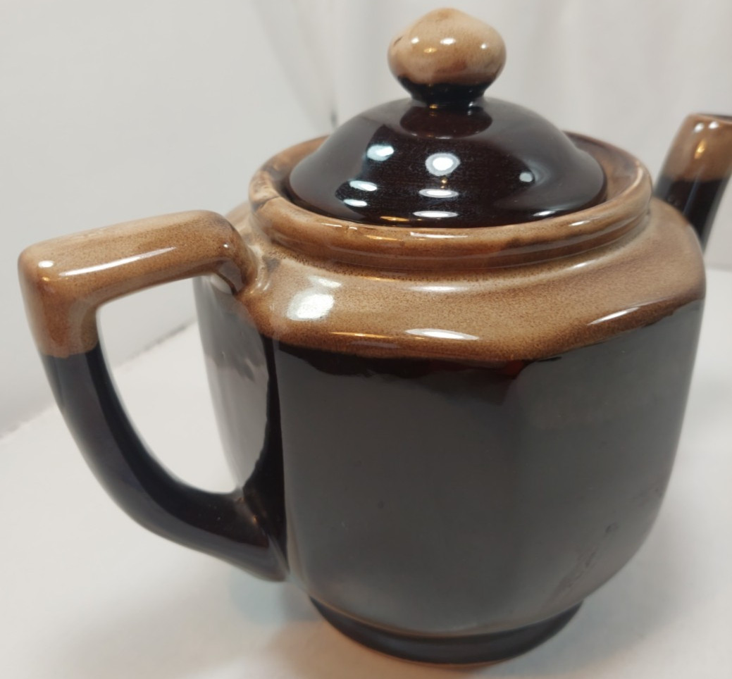 Vtg Brown Carmel Earthenware Drip Glaze Ceramic Octagonal Teapot w/Lid Taiwan