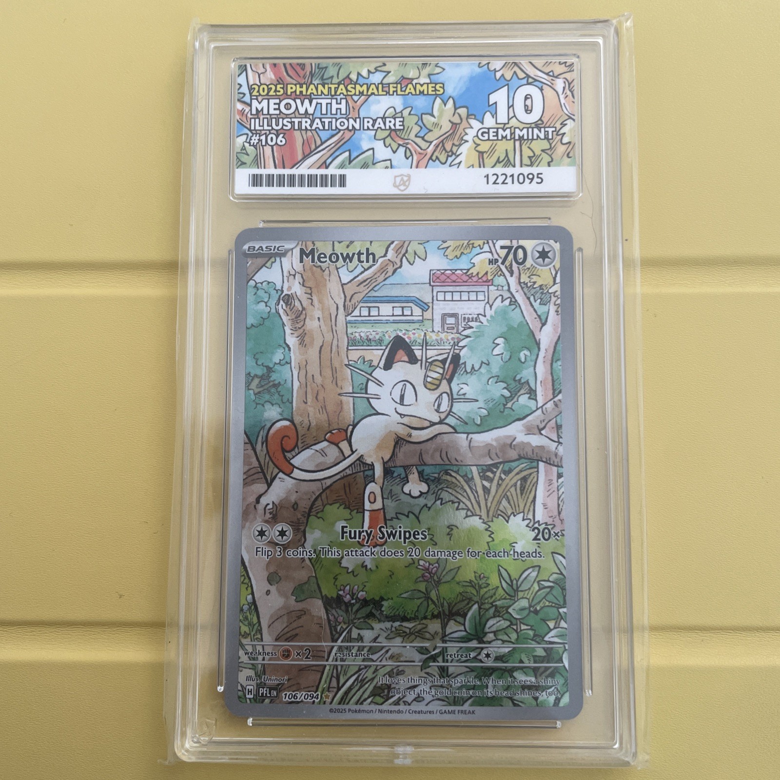Meowth 106/094 Phantasmal Flames IR Ace 10 Gem Mint Perfect Subgrades