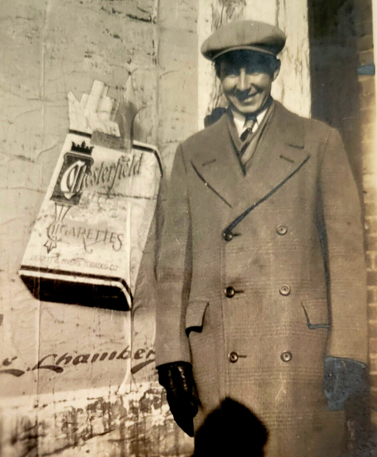 Man Front of Chesterfield Cigarette Building Advertisement Photo 1920s