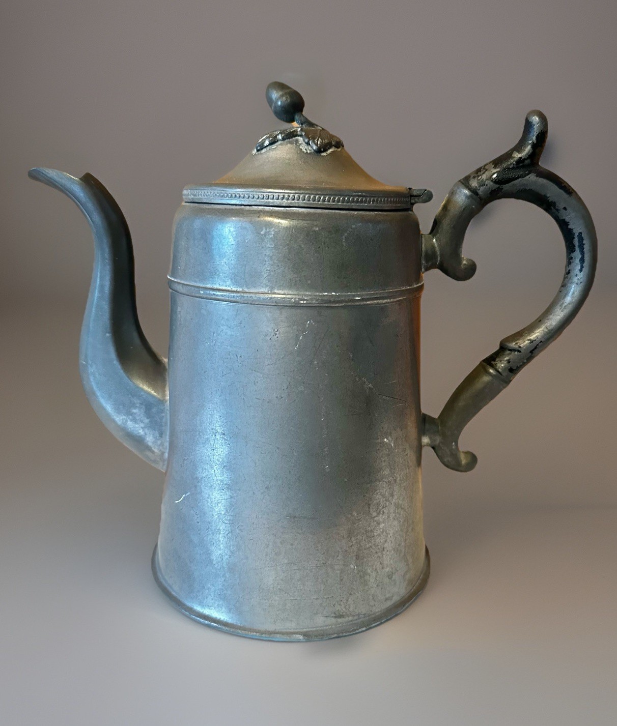 Antique Pewter Coffee Pot Copper Base Bottom Acorn Finial Oak Leaf Lid Victorian