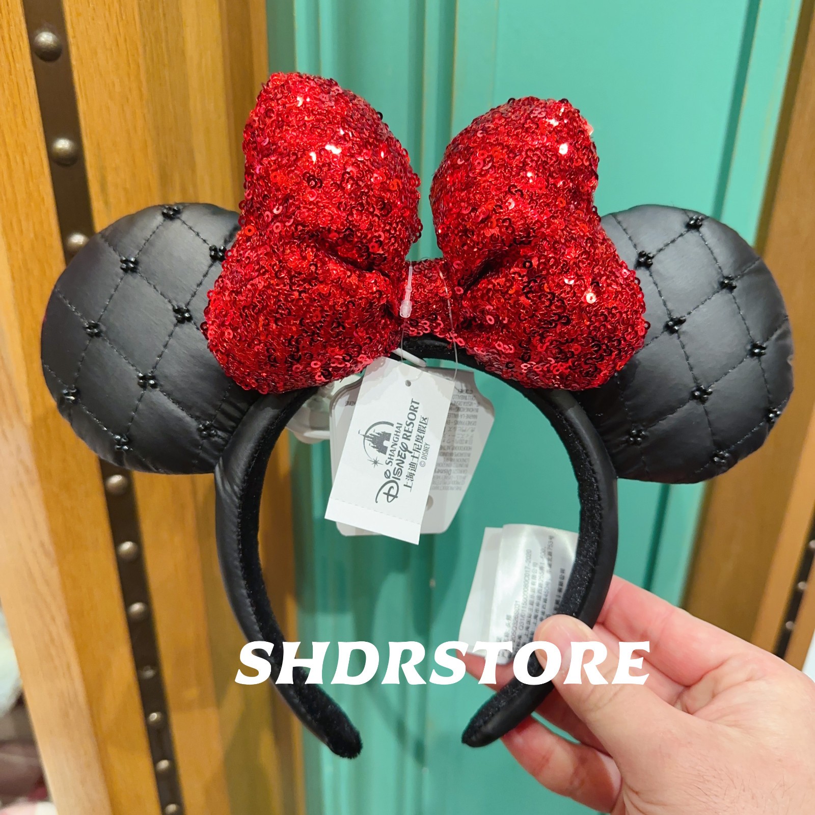 Disney 2026 authentic black red minnie mouse ear headband shanghai disneyland