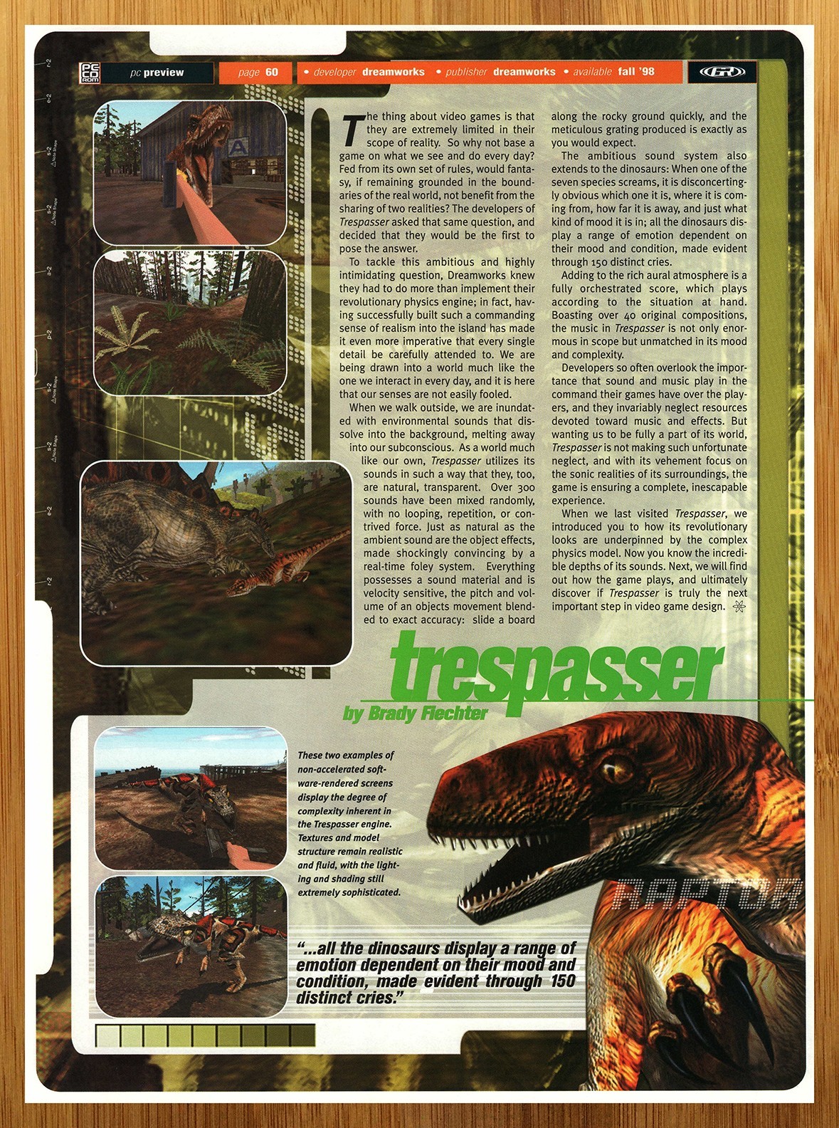 1998 Trespasser PC PREVIEW Print Ad/Poster Dinosaur CD-ROM Computer Game Art 90s