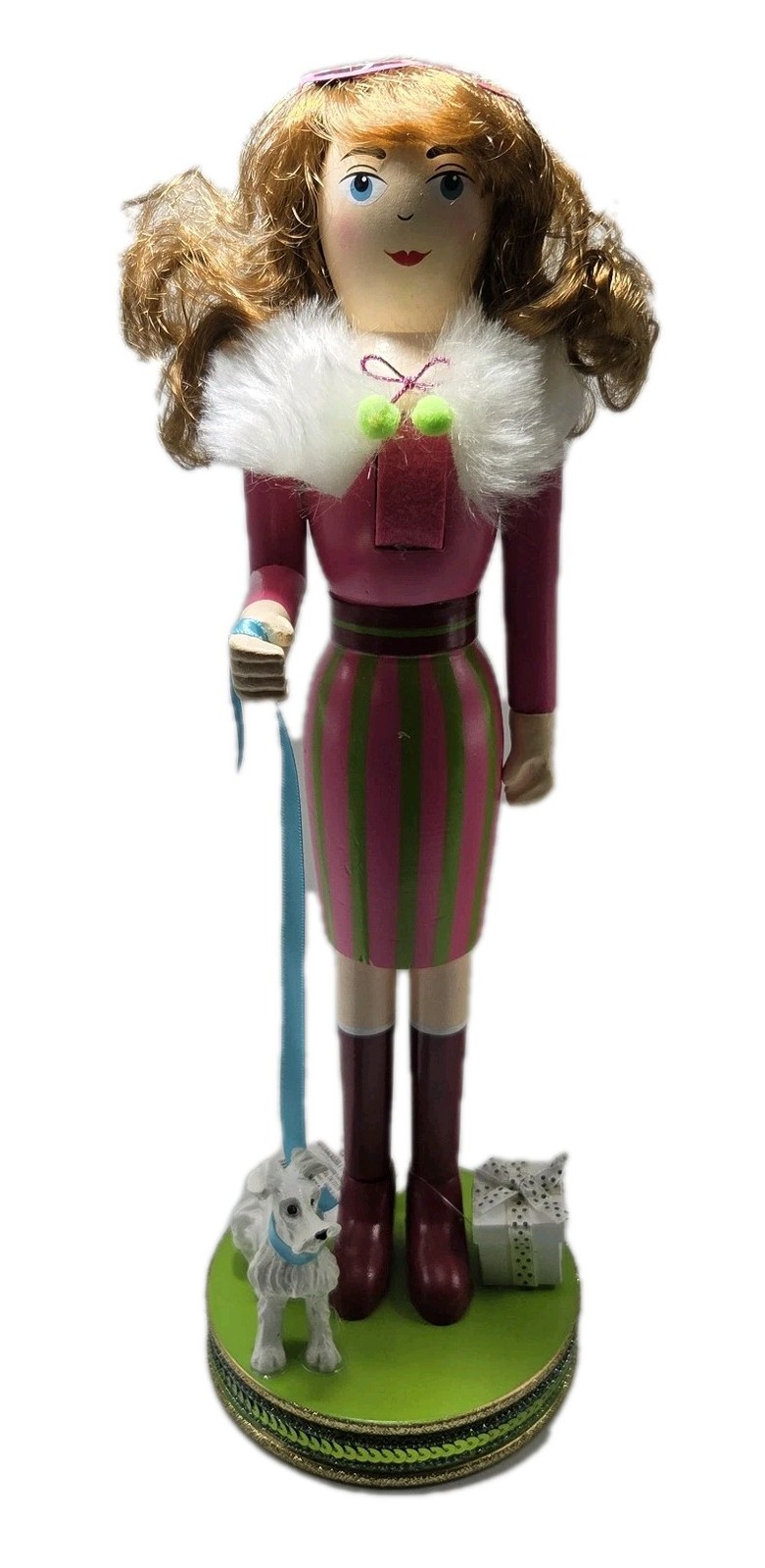 NWT Woman With White Dog Nutcracker Hobby Lobby Pink Green Dress Curly Hair *Pic