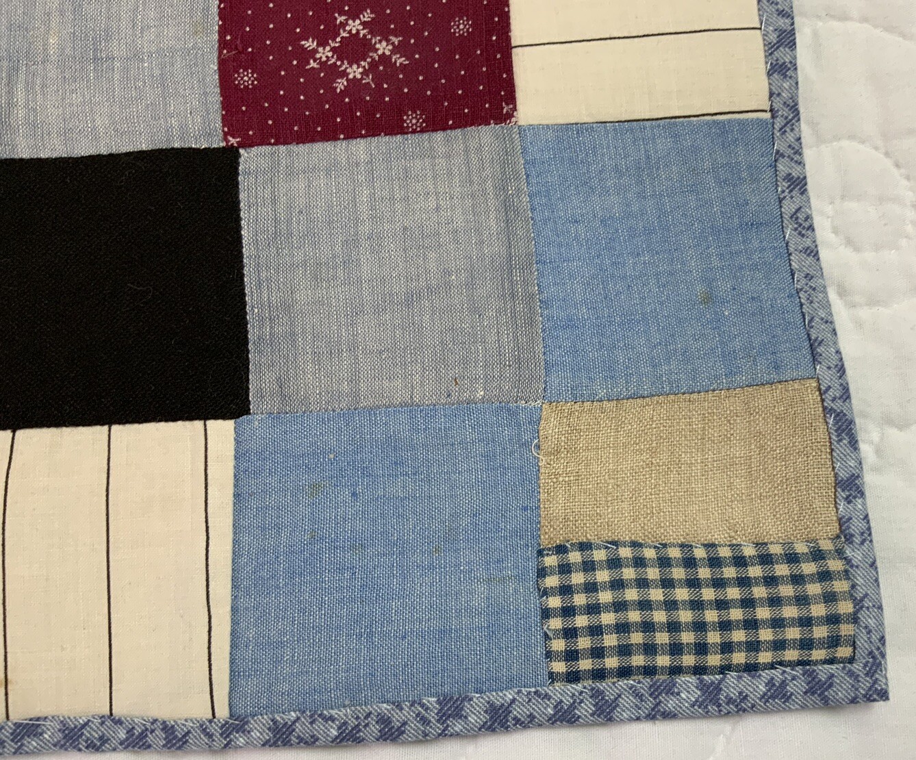 Vintage Antique Patchwork Quilt Table Topper, Four Patch, Early Calicos, Blue