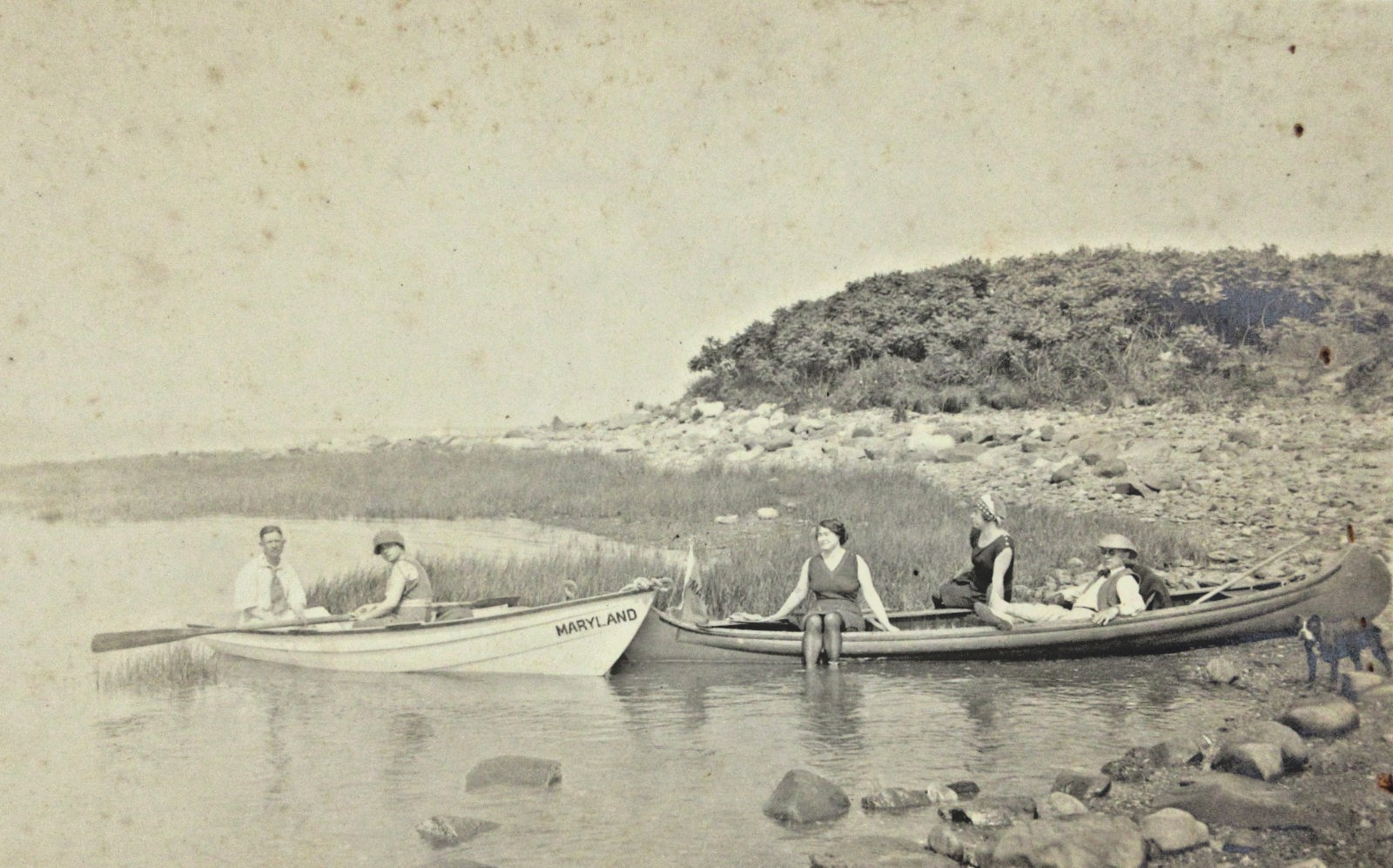 Vintage Rowboat Canoe Maryland Photo Happy Couples Bathing Suit Pug Dog 1910-20s