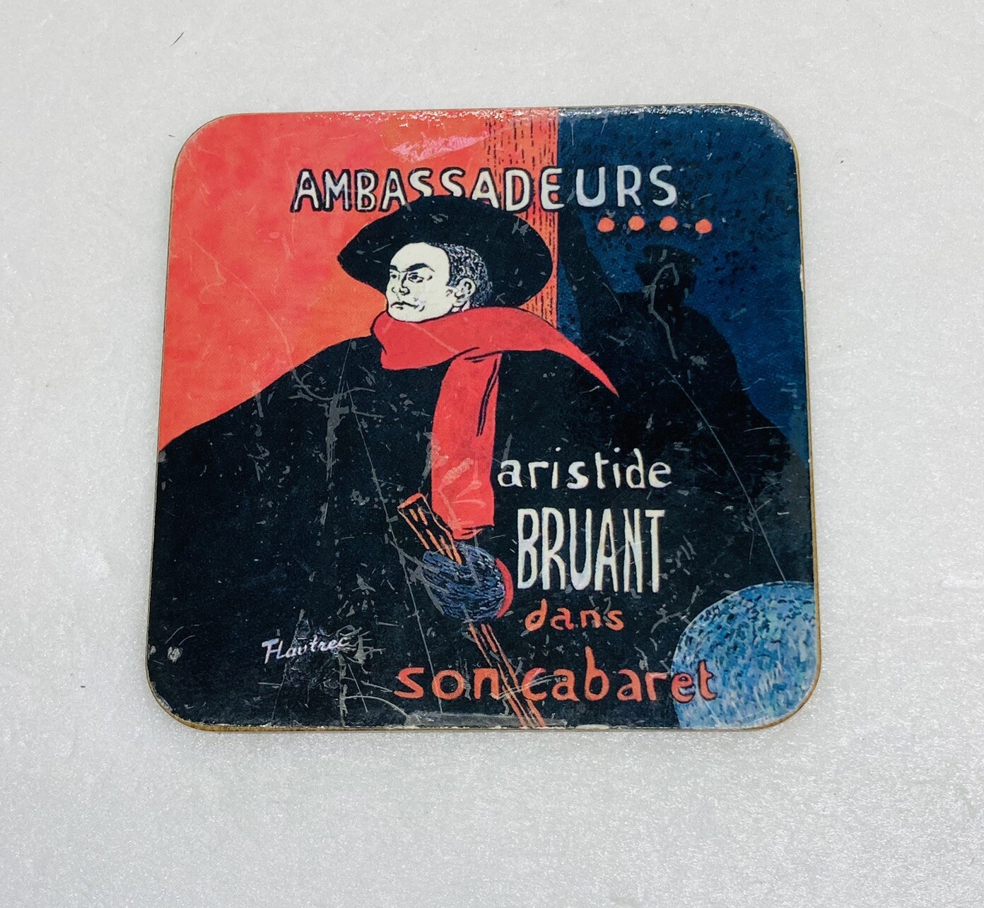 Vintage Ambassadeurs Aristide Bruant Wood Cork Drinking Coaster French Art 36