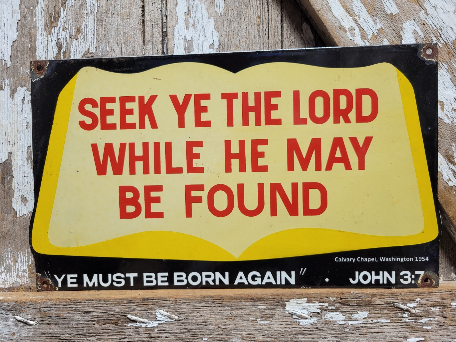VINTAGE CHURCH PORCELAIN SIGN 1954 CHRISTIAN SEEK THE LORD BIBLE GOD RELIGION