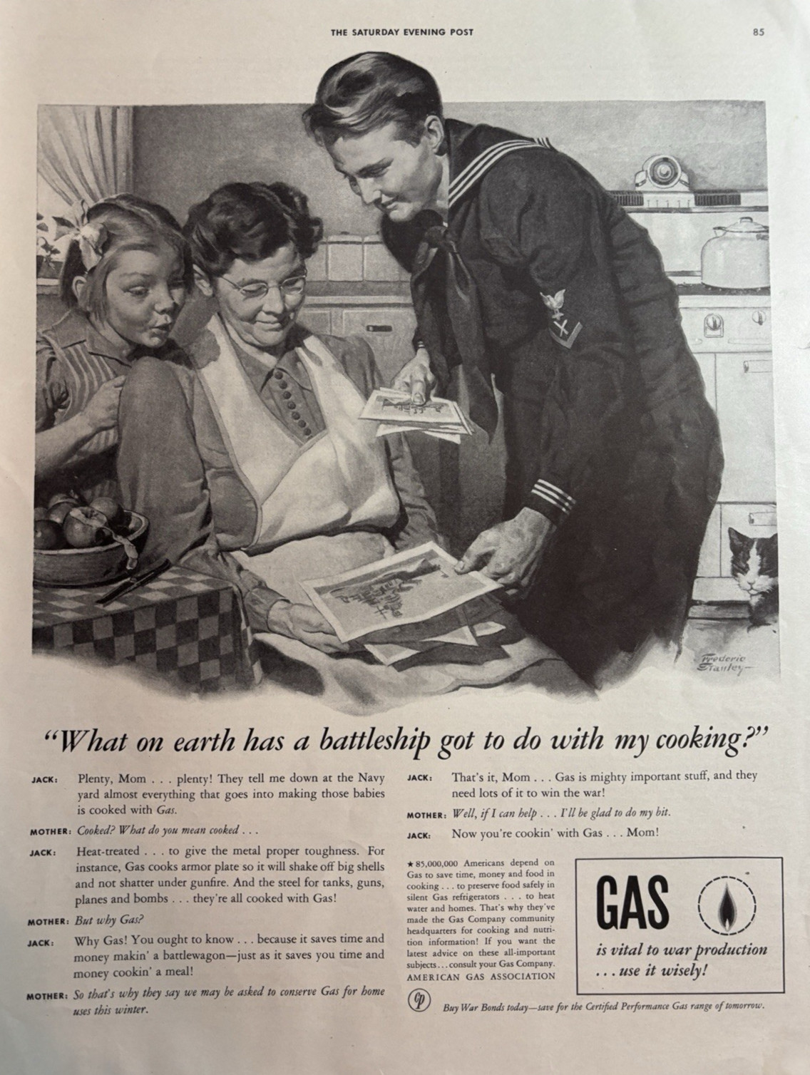 American Gas Association Cooking Mom Soldier WWII Battleship VTG Print Ad 1942