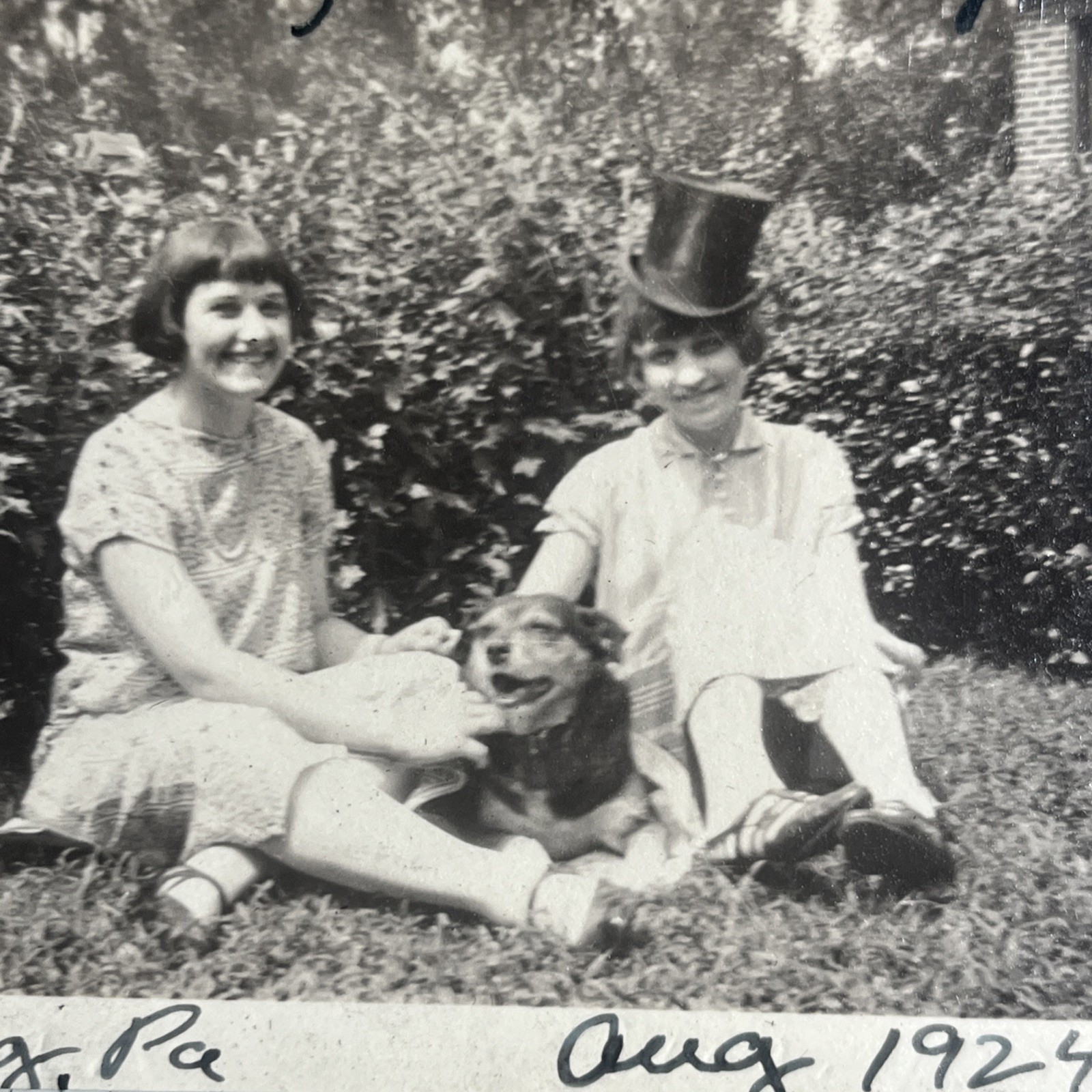 Vintage Photograph Snapshot Lady Wearing Black Top Hat Happy Dog 1924 – A1