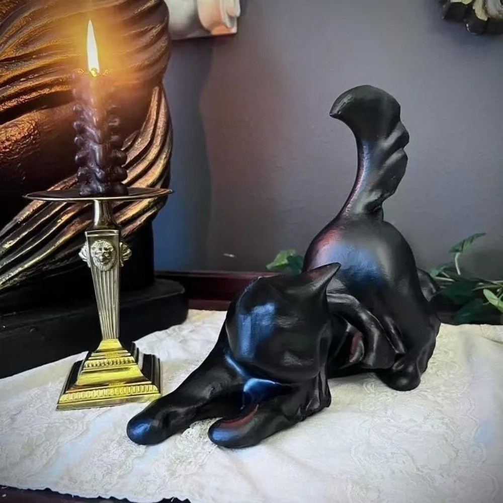 Cracker Barrel HALLOWEEN Black Cat Ghost Statue Stretching Figurine Cat Statue