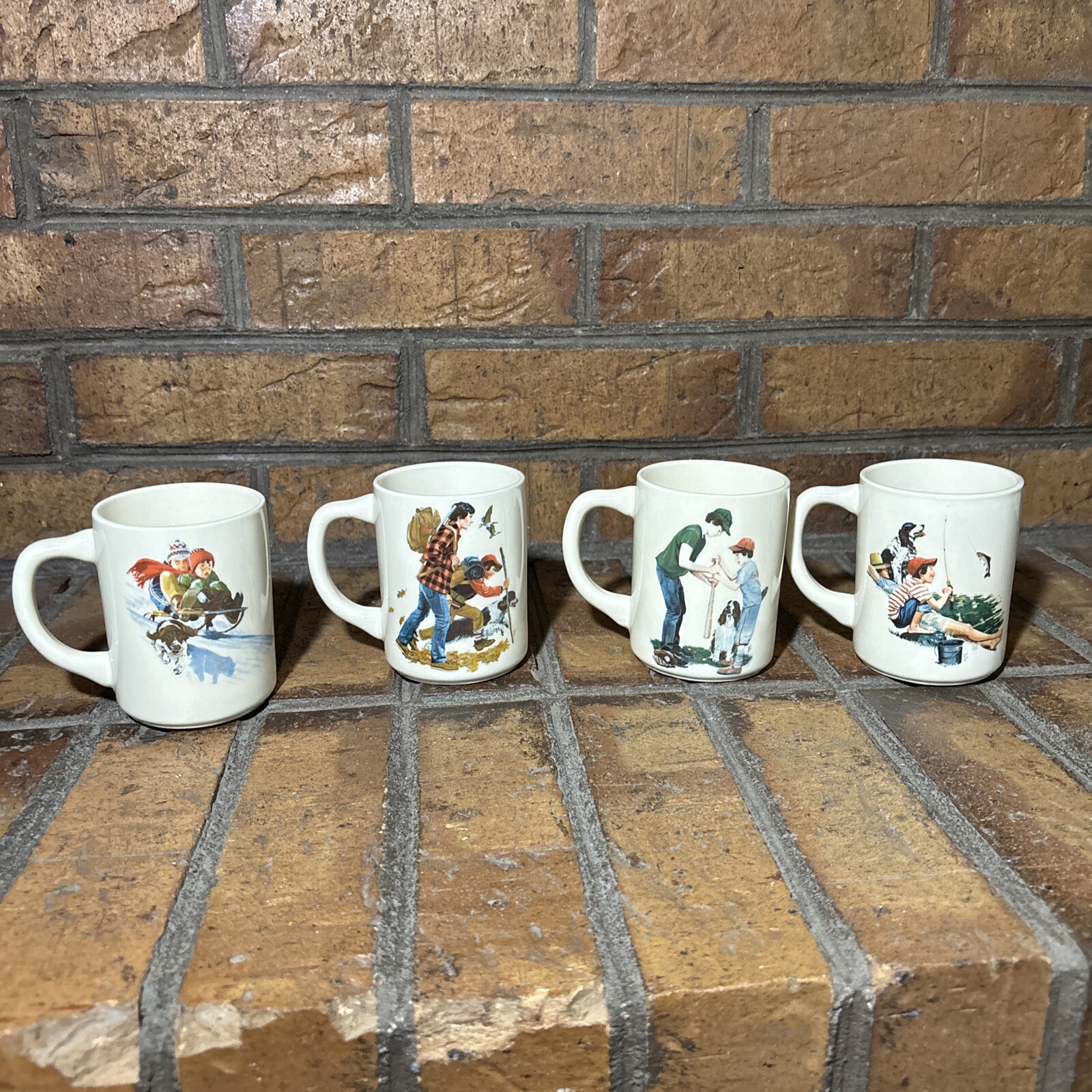 VTG ✅ Four Seasons Boys Dog – Sledding Hunting Fishing Baseball Mugs Made In USA