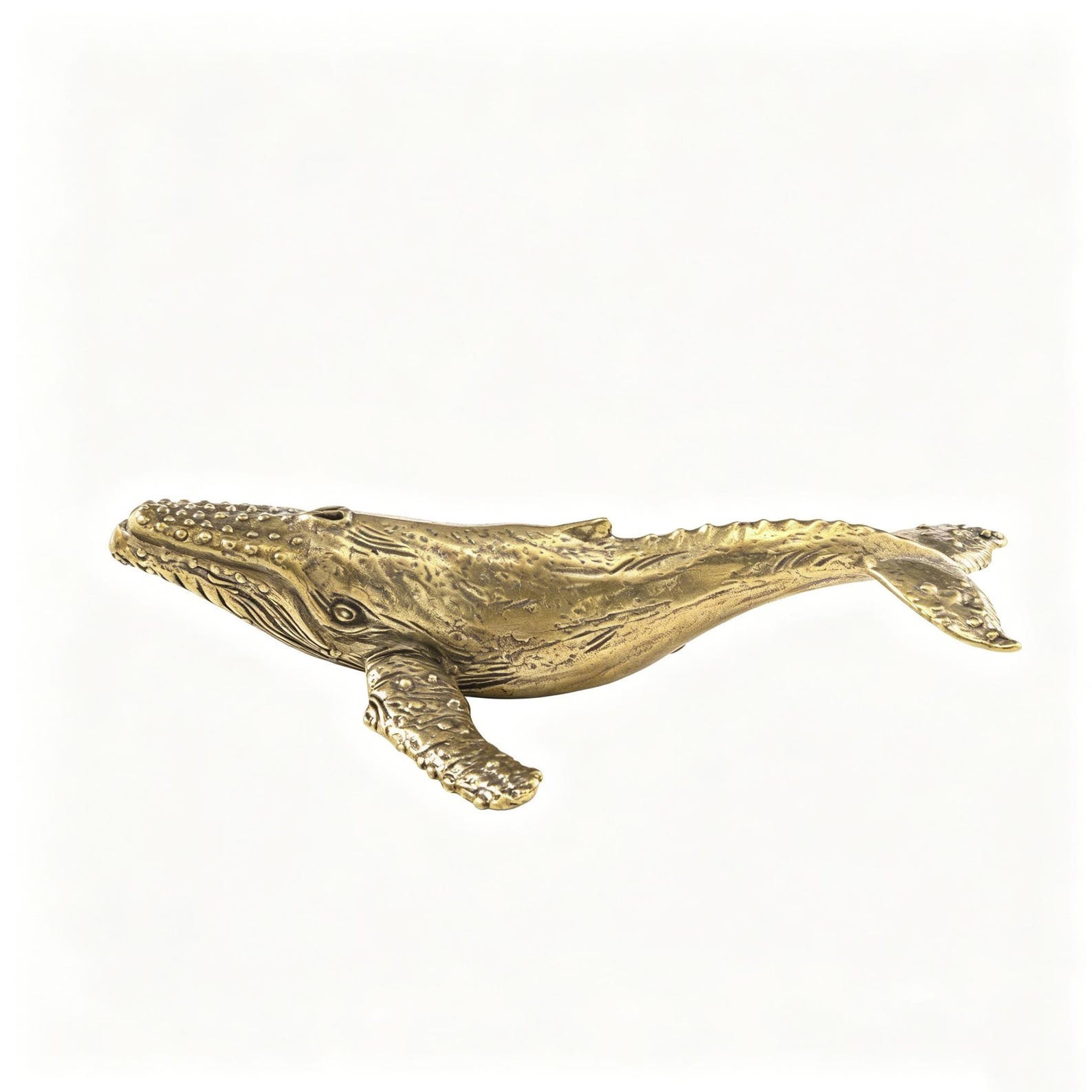 Solid Brass Humpback Whale Figurine, Handcrafted Nautical Ocean Decor Statue