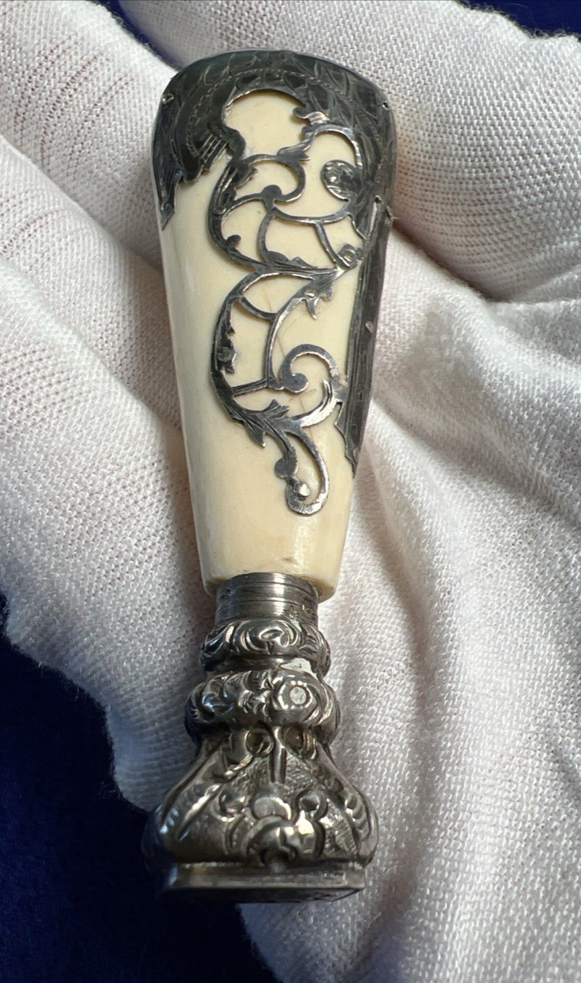 Antique Ivorine Wax Seal Stamp Silver Filigree Decorated Handle