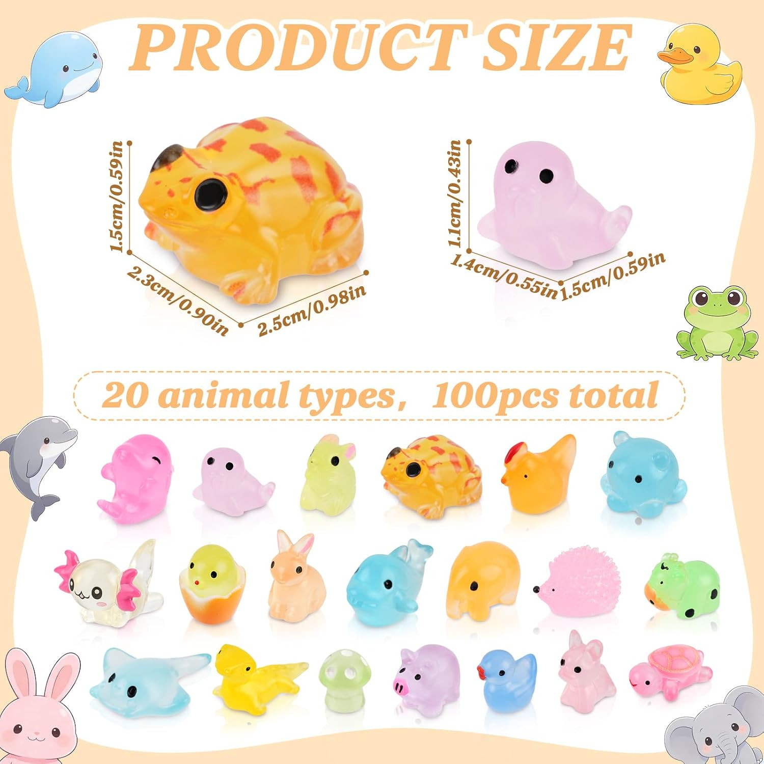 100Pcs Luminous Mini Resin Animals Bulk, 20 Styles Glow in the Dark Plastic Tiny