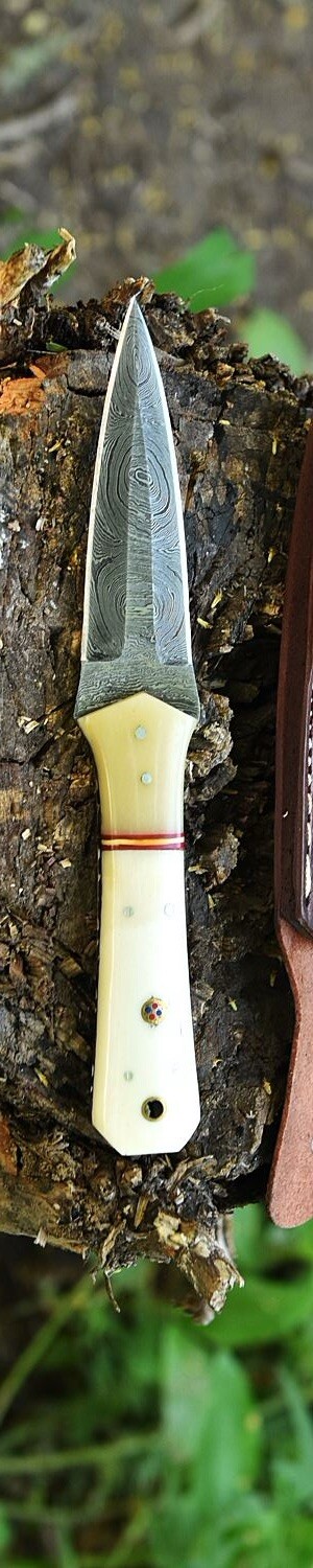 handmade Damascus steel hunting dagger fixed blade boot knife sheath Full Tang