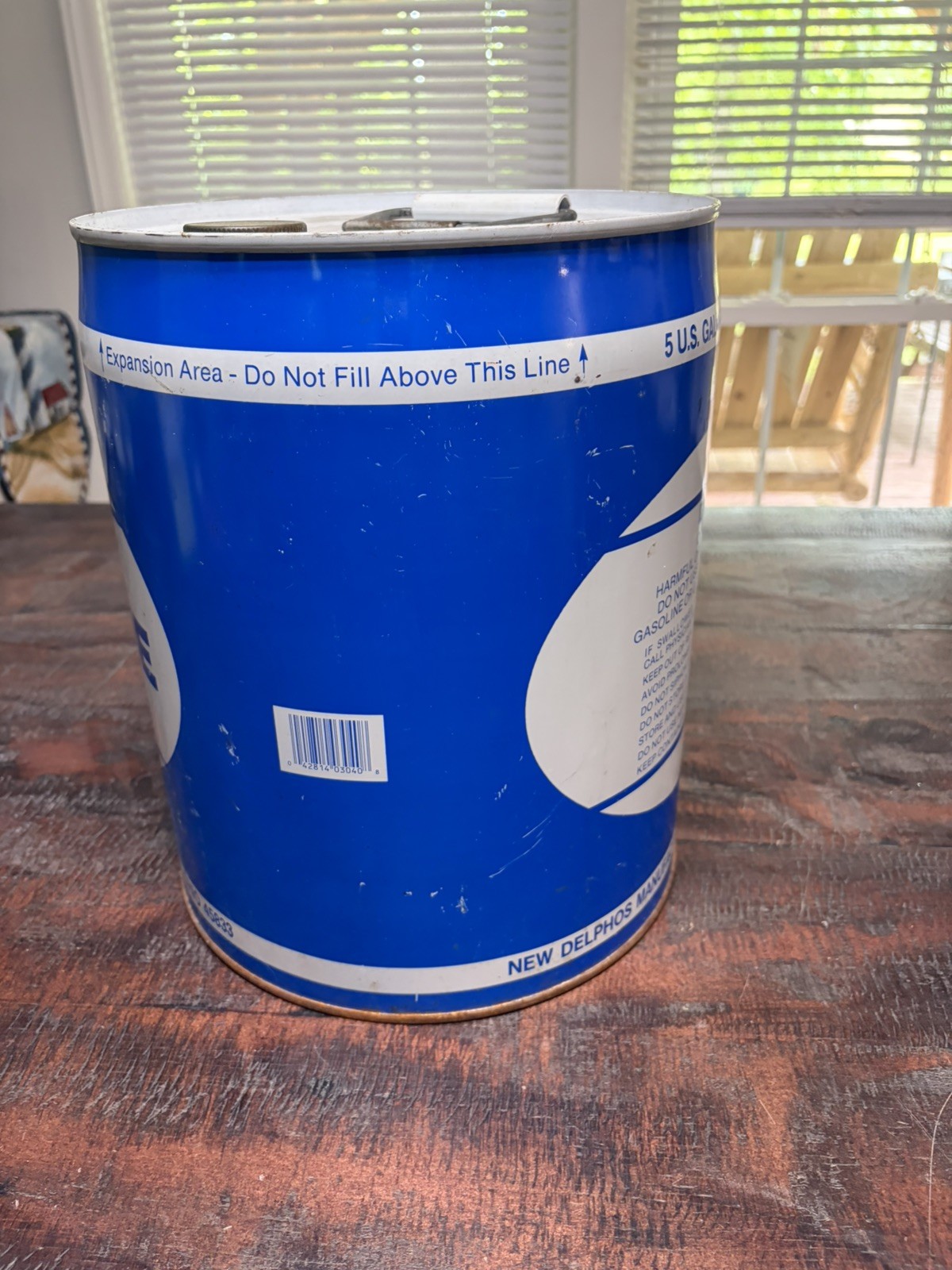 Vintage 5 Gallon Kerosene Can Metal Safety Drum Blue Delphos Ohio Fuel Container