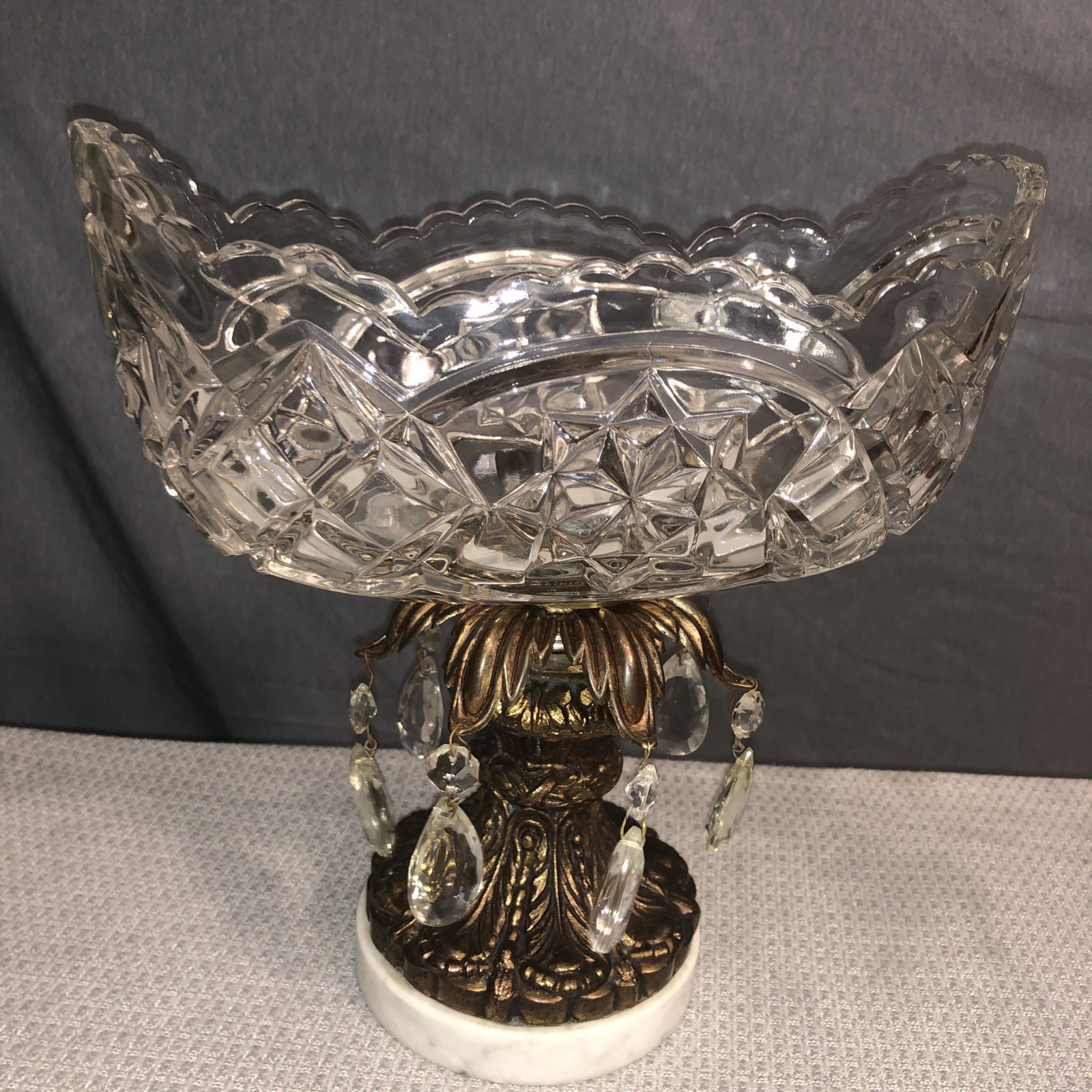 Vintage ￼Hollywood Regency style crystal compote bowl Brass Crystal Marble ￼