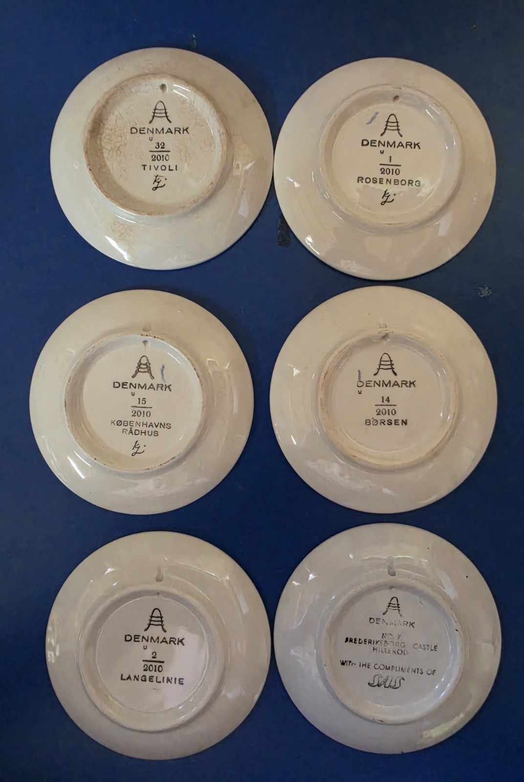 Denmark Blue & White Ceramic Cityscape Collector Plates Set of 6, 4.25 in