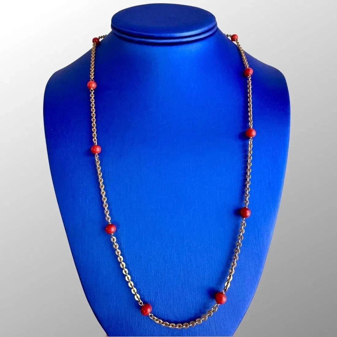 Italian 18K Yellow Gold Over Red Round Cut Coral Bead Station Necklace 18″ Chain