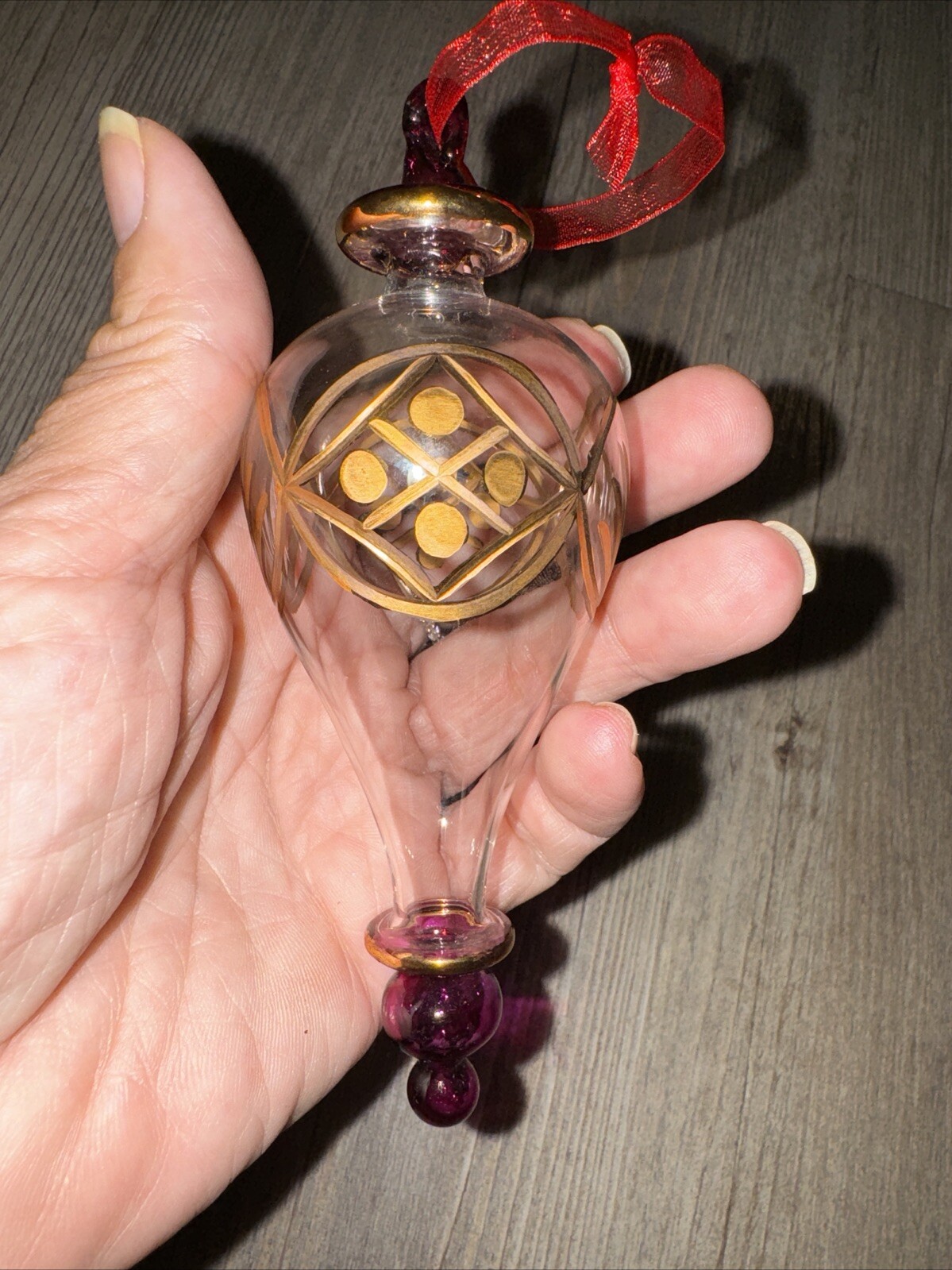 Egyptian Hand Blown Clear Glass Christmas Ornament Spire Gold Pink Large 5.5”