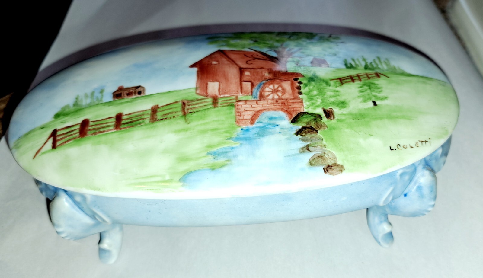 Vtg Footed Porcelain Hand Painted By L. Coletti Jewelry Trinket Box Stunning